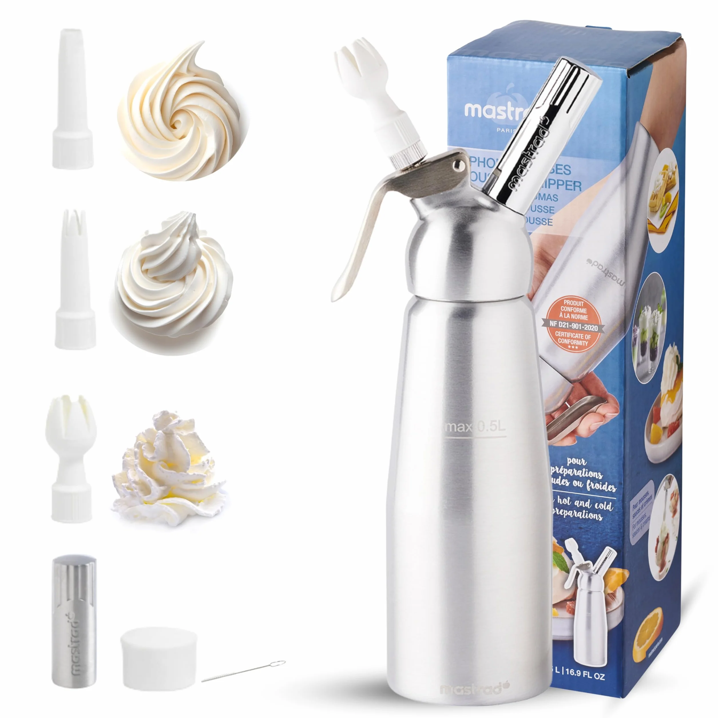MASTRAD Siphon 0,5L en Aluminium Anodisé Piston Inox Démontable 3 Douilles Décoratives Brosse de Nettoyage