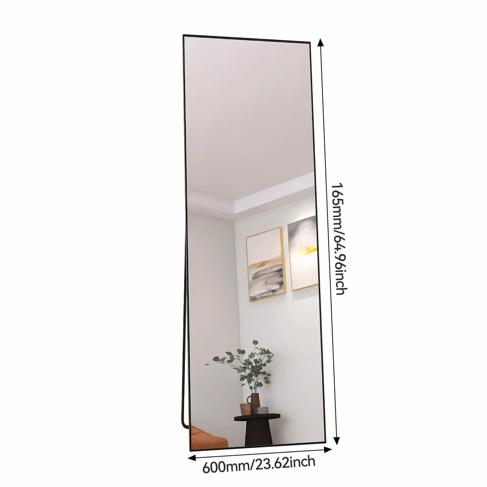 PerGar Grand Miroir Mural Moderne sur Pied, à Poser ou à Suspendre, avec Cadre en Aluminium, pour Salon et Chambre à Coucher, Noir, 165 x 60 cm
