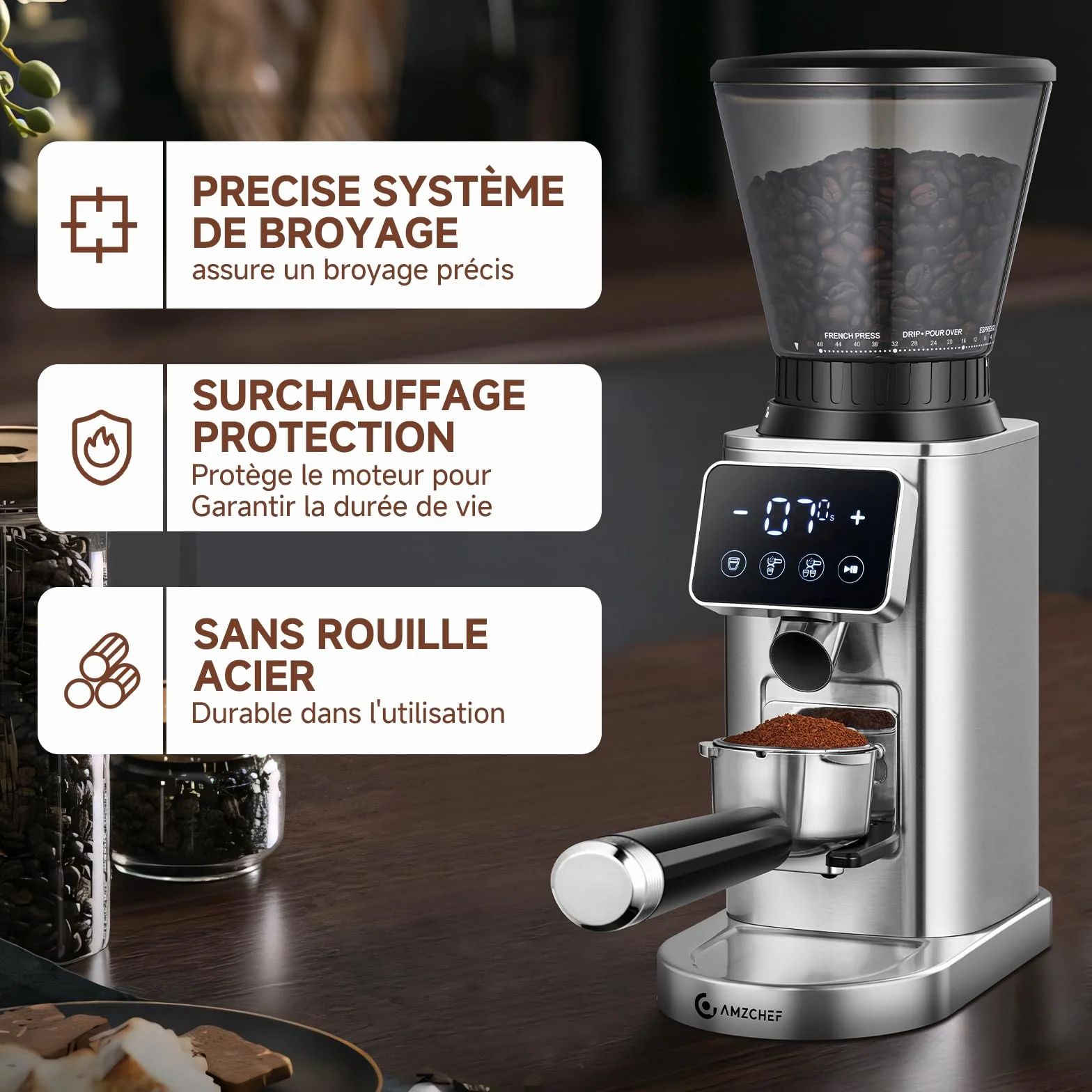AMZCHEF Moulin à Café Électrique avec 48 Réglages de Mouture, Système Antistatique, Écran Tactile LCD, Réservoir à Grains 300 g, Meule Conique en Acier Inoxydable, pour Expresso et Café Filtre