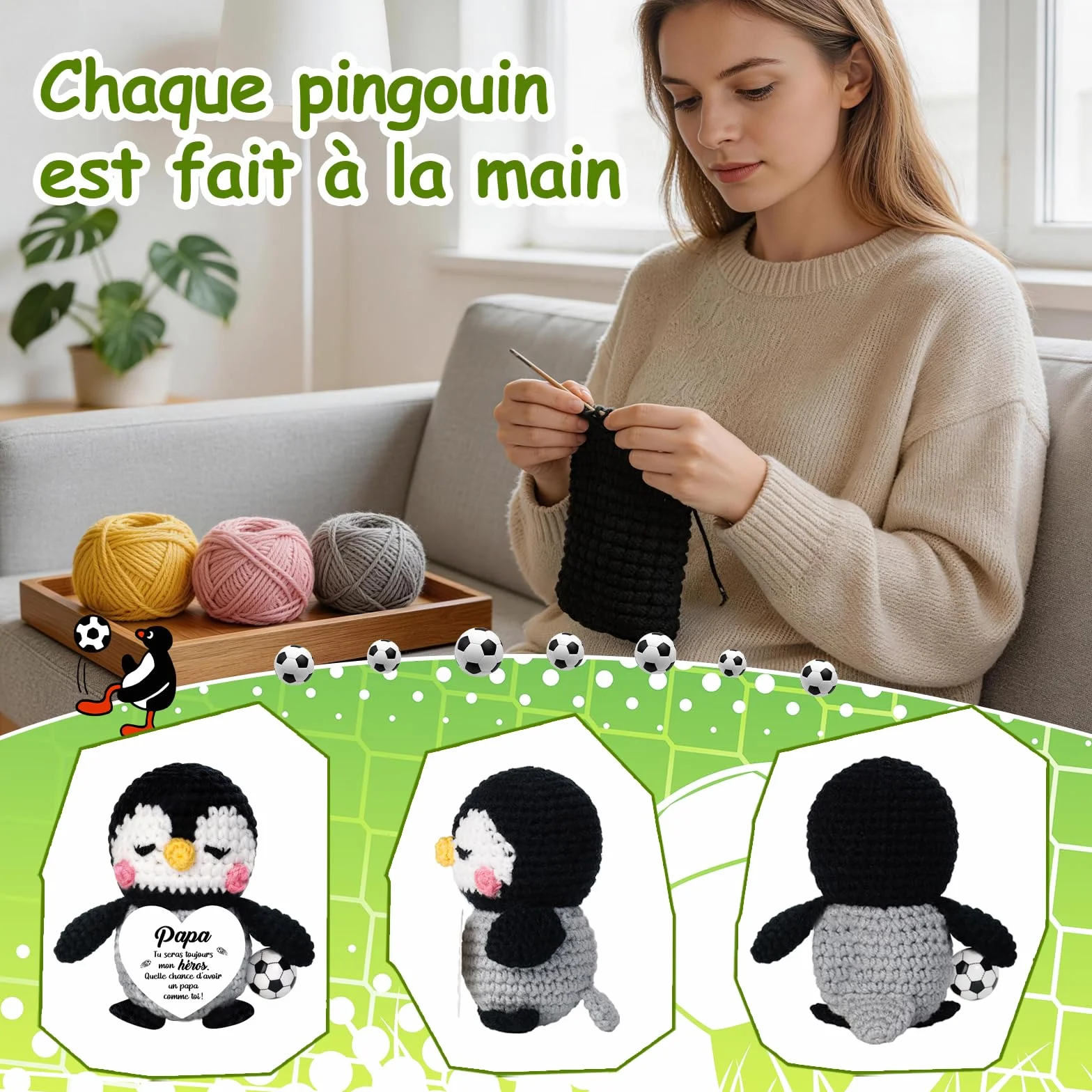 Figurine Manchot au Football Tricotée à la Main Cadeau Papa Fête des Pères