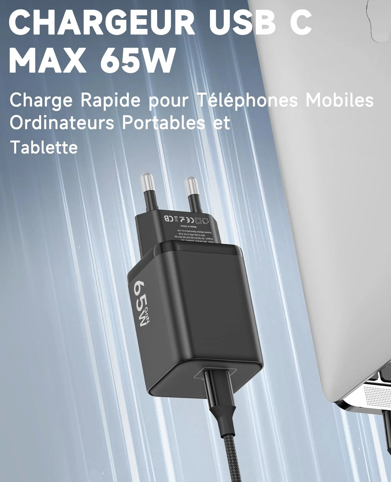 Chargeur USB C 65W GaN II PD3.0 PPS avec Câble Tressé 2M pour MacBook Pro/Air Samsung Galaxy S25 S24 S23 S22 Ultra iPhone 16 15 Noir