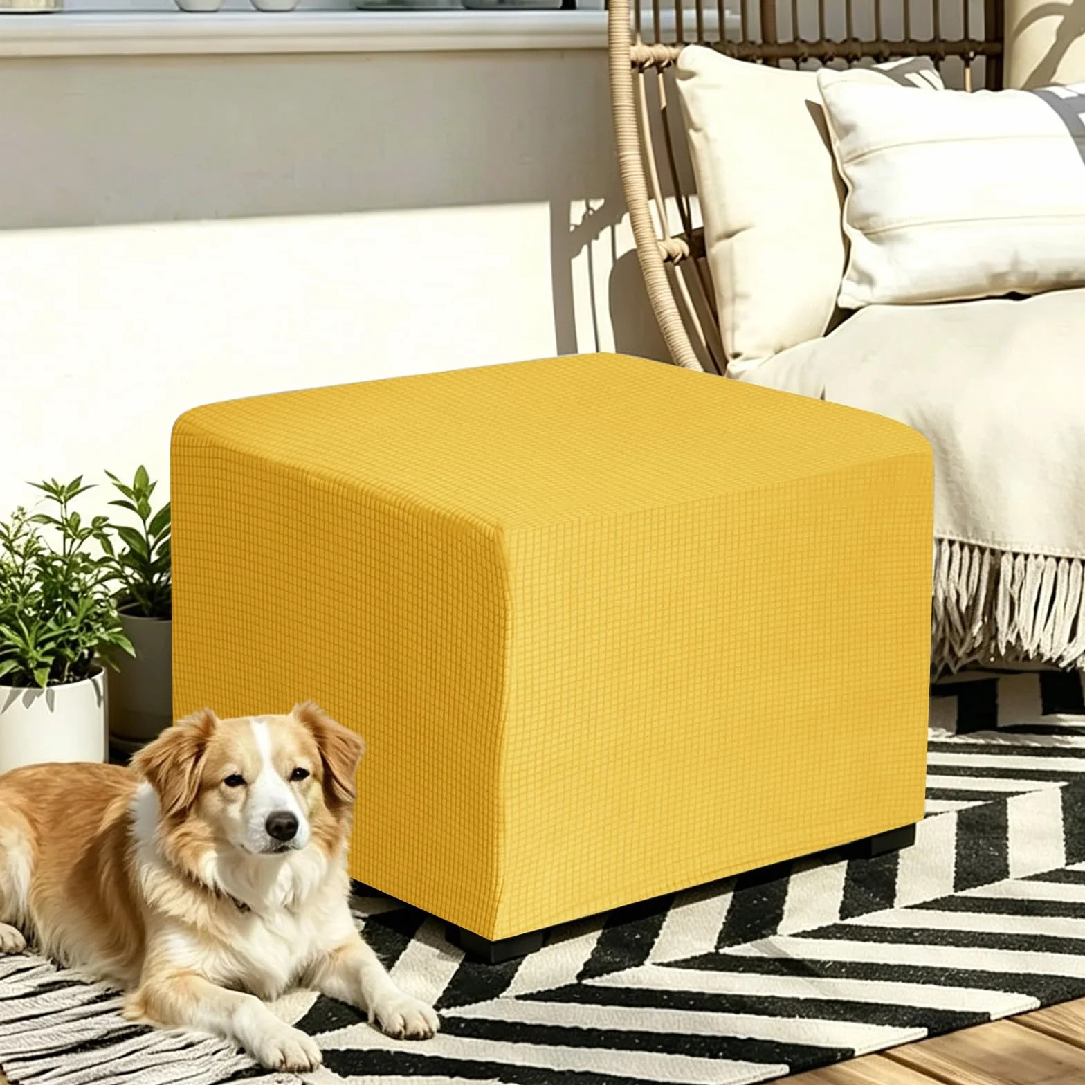 Housse de Pouf Ottomane carré Extensible Doux XXL avec Fond élastique 55x55 cm Or