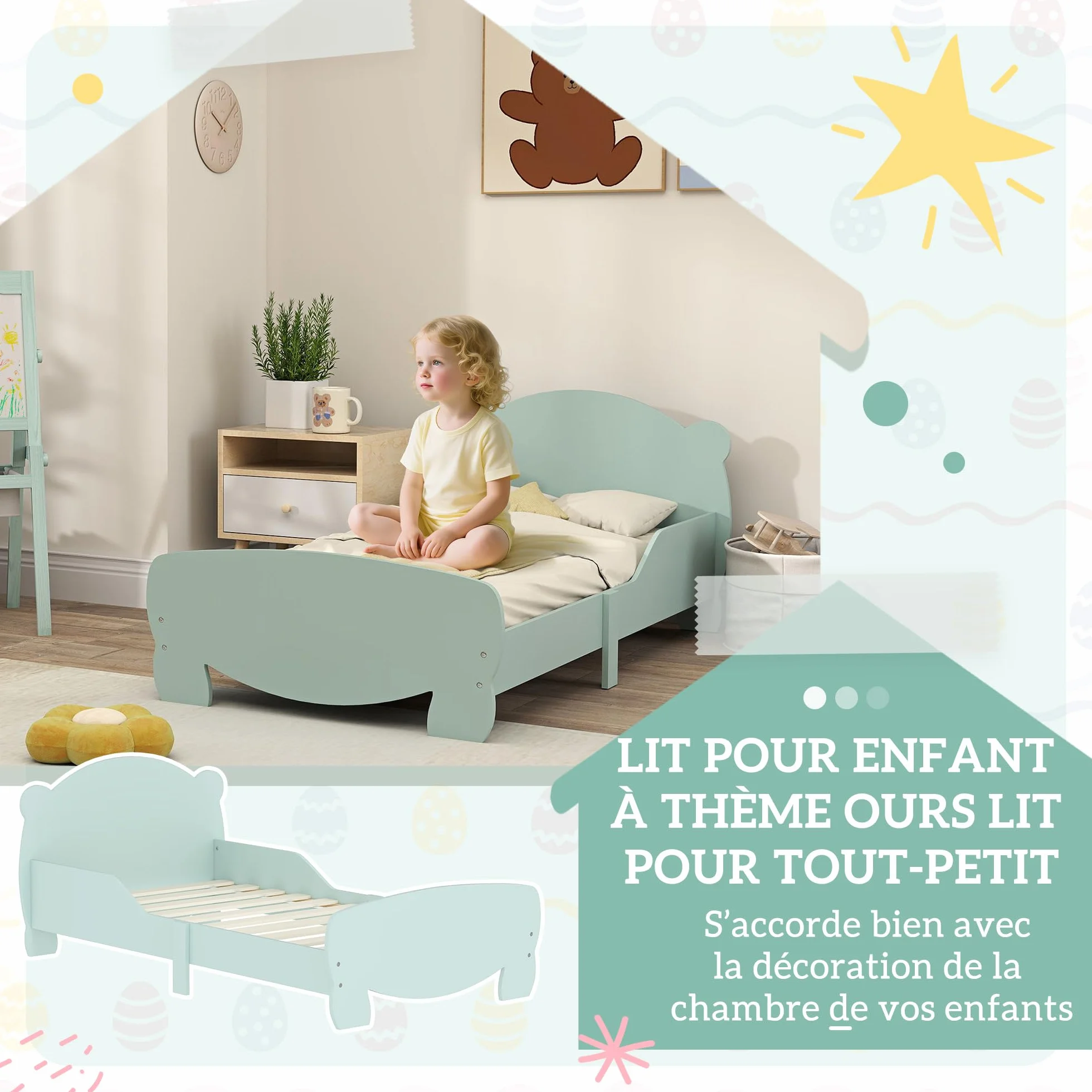 AIYAPLAY Lit Enfant lit au Sol Enfant 70x140 cm avec barrière de sécurité, sommier à Lattes Inclus et décorations d'ours, pour garçons et Filles de 3 à 6 Ans - Vert