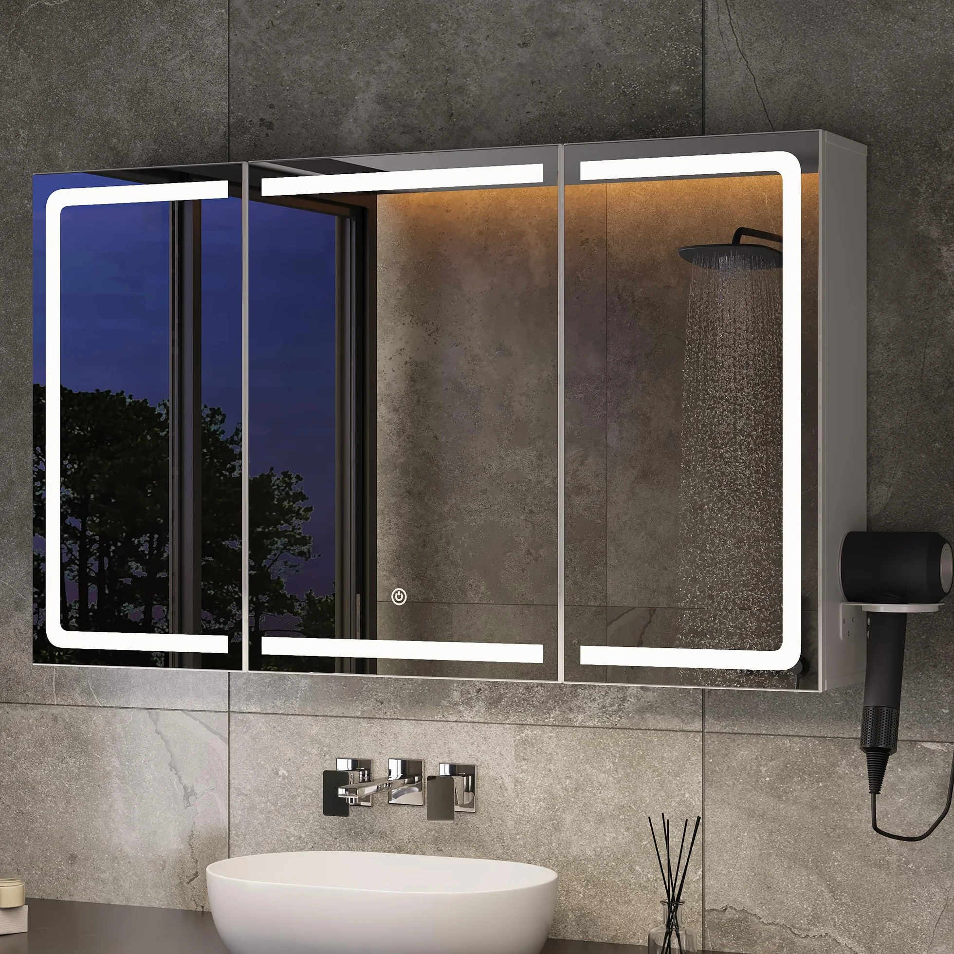 Xbro Armoire de Salle de Bain avec éclairage LED 100 × 16 × 60 cm avec Prise, étagère latérale, Portes Miroir réglables, Blanc