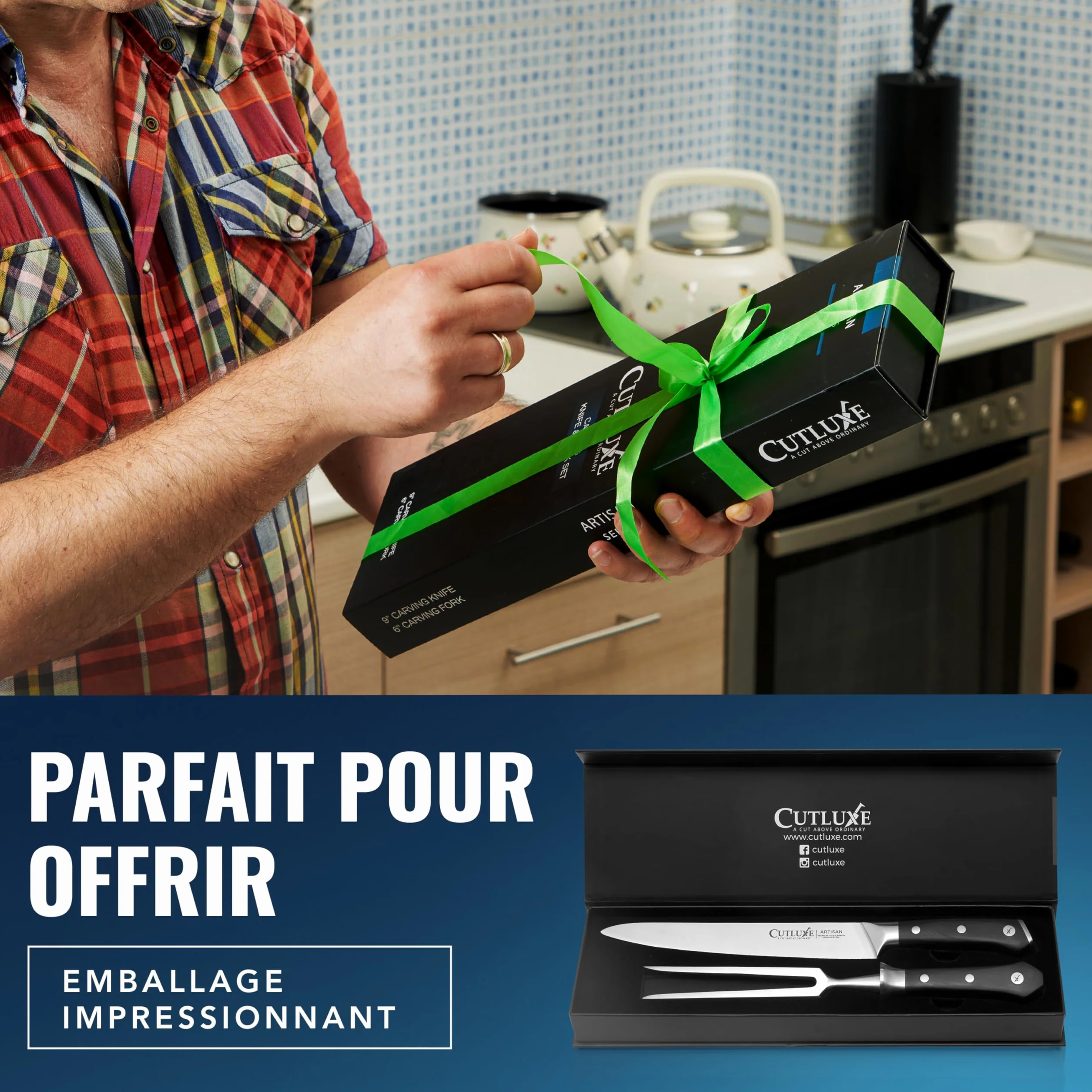 Cutluxe Ensemble de couteaux à découper pour la dinde - Couteau et fourchette pour viande, brisket, BBQ - Lame en acier allemand affûtée - Soie complète, poignée ergonomique - Série Artisan