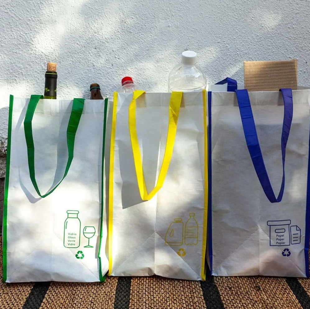 Sacs de recyclage 23L Lot de 3 Bleu Vert Jaune Rubans Poignées Durables Plastique Verre Papier Carton