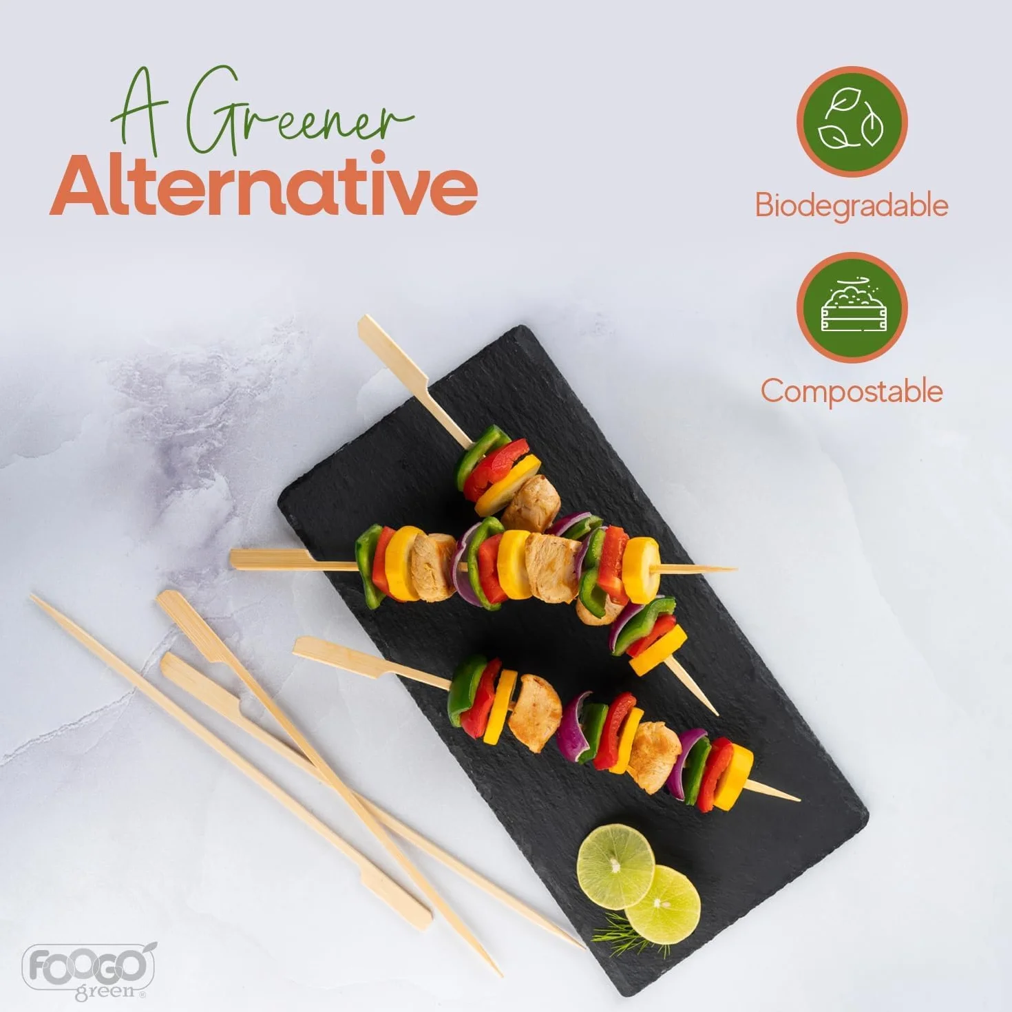 Brochettes en bambou 25cm FOOGO Green - Brochettes barbecue écologiques robustes pour fruits cocktails fête mariage