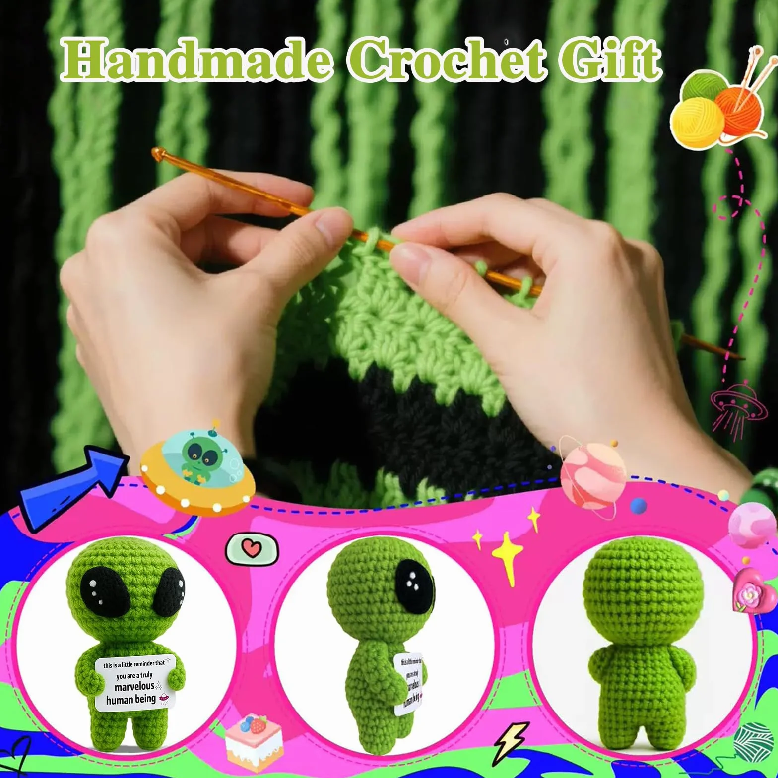 Poupée Peluche Pwsap Alien Tricotée Positive avec Porte-clés, Cadeau Créative pour Famille