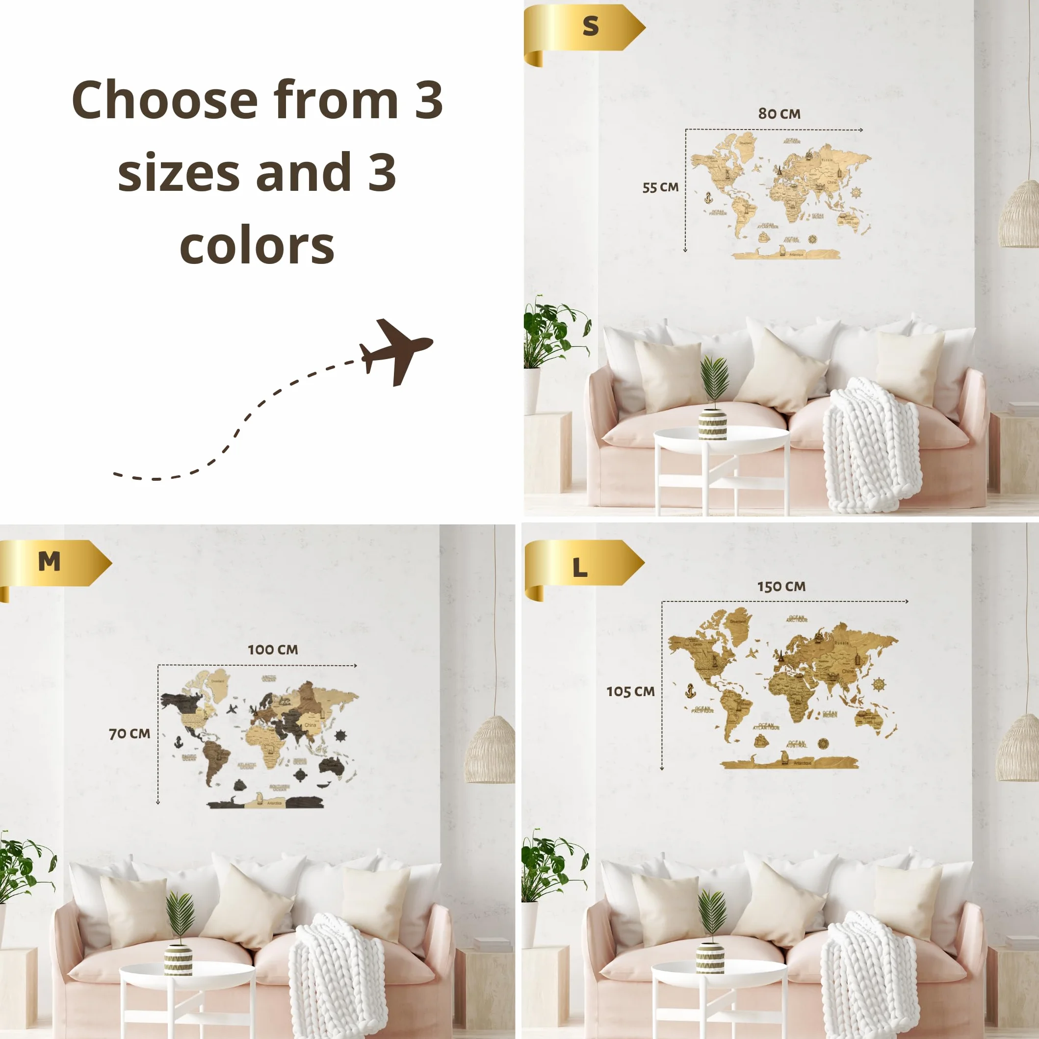Carte du Monde Murale en Bois 2D – Mappemonde Bois Décorative | Planisphère Mural | Wooden World Map | Décoration Murale Salon Bureau | Idée Cadeau Voyageur (Dark, 100L x 70l cm)