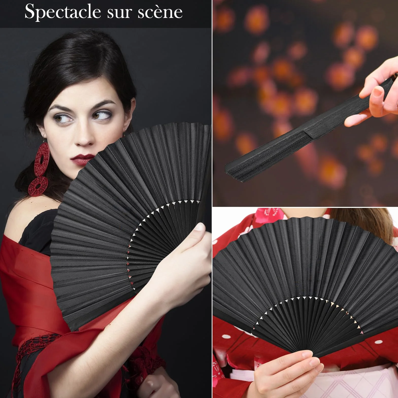 Éventail Pliant en Bambou Noir Classique, Petit Eventail de Poche pour Mariage Fête