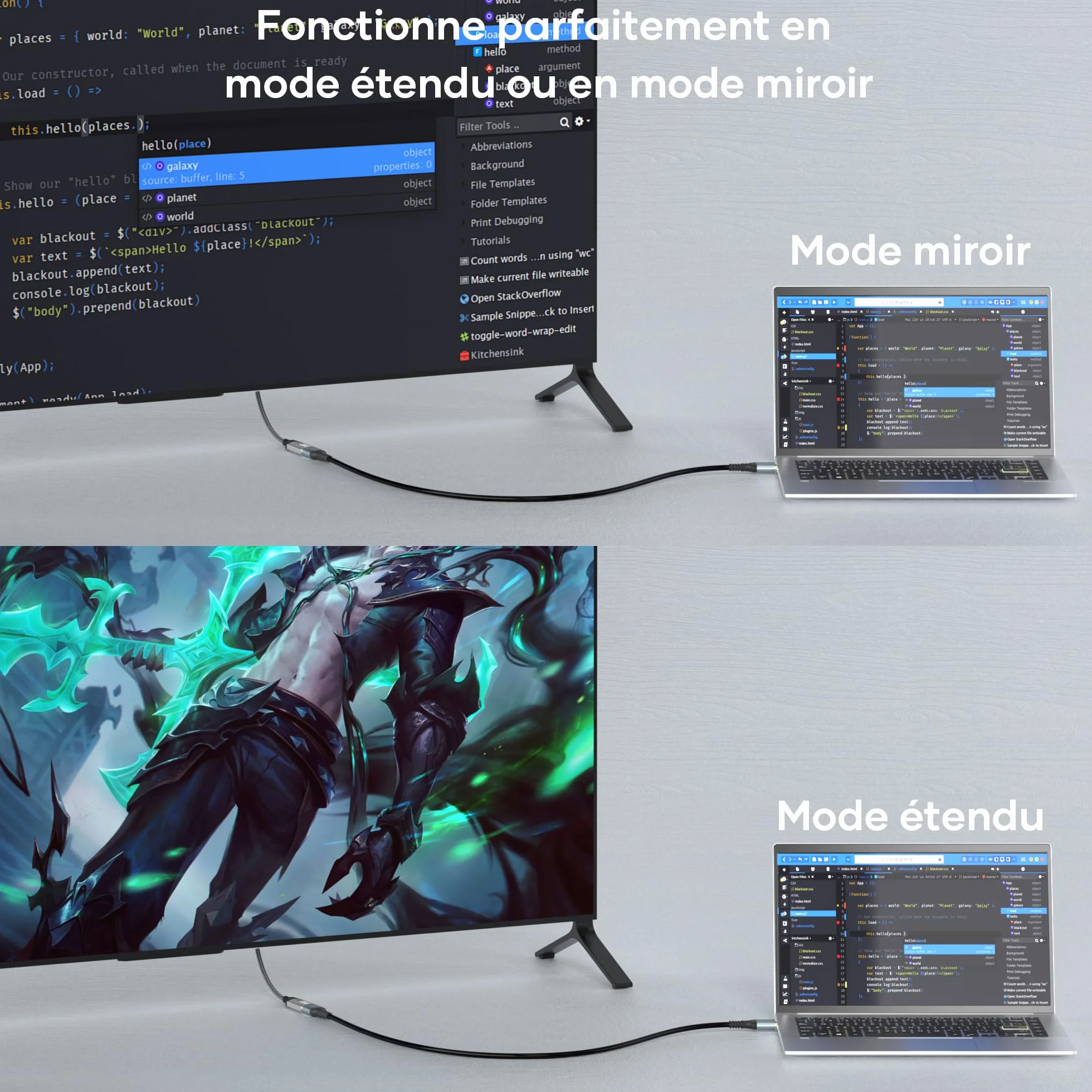 Adaptateur HDMI vers VGA Femelle vers Mâle Unidirectionnel 1080p Nylon tressé