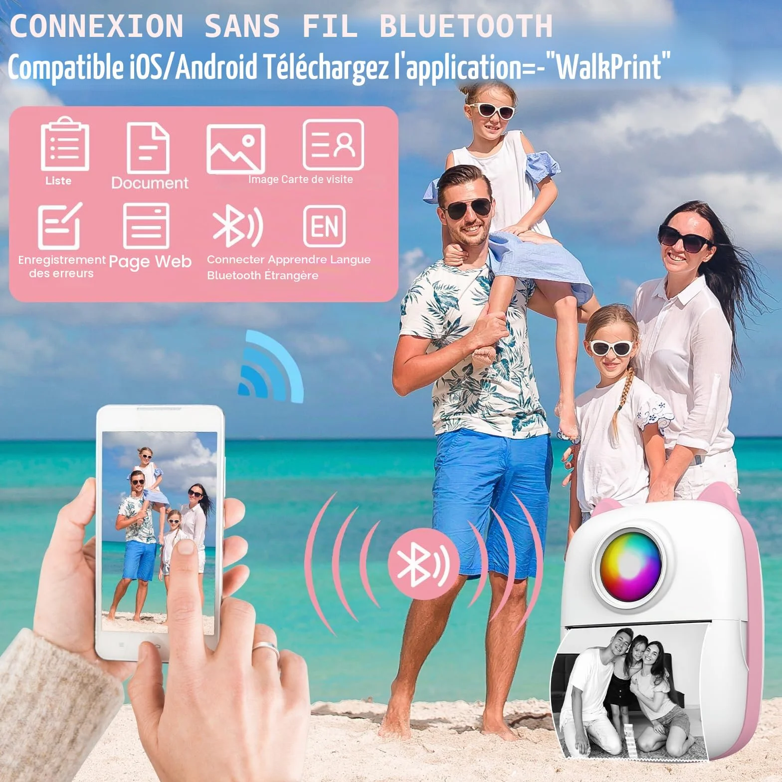 Mini Imprimante Portable Bluetooth Thermique sans Encre pour iOS Android Notes Photos Journal Étiquettes Rose