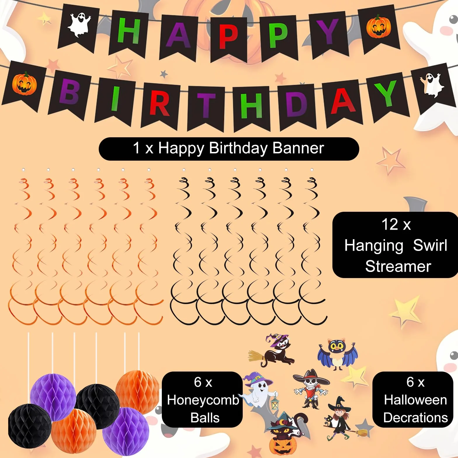 Kit Anniversaire Halloween 47 Pièces Banderole Joyeux Anniversaire Guirlandes Spirale
