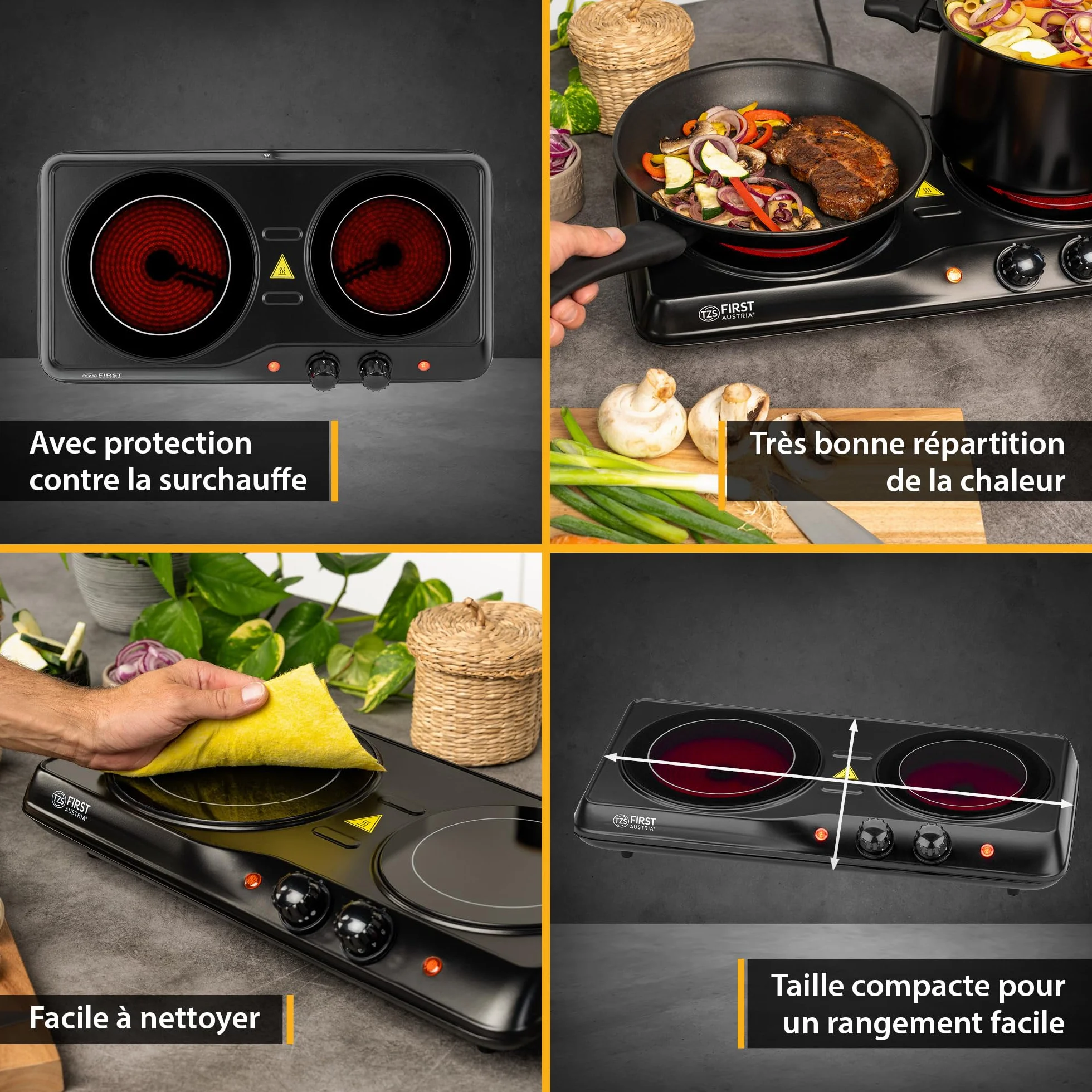 TZS First Austria - Plaque de cuisson double infrarouge vitrocéramique TOUS types de casseroles 2000W - Mini réchaud électrique pour déménagement, camping & maison - Réglage continu & témoin contrôle