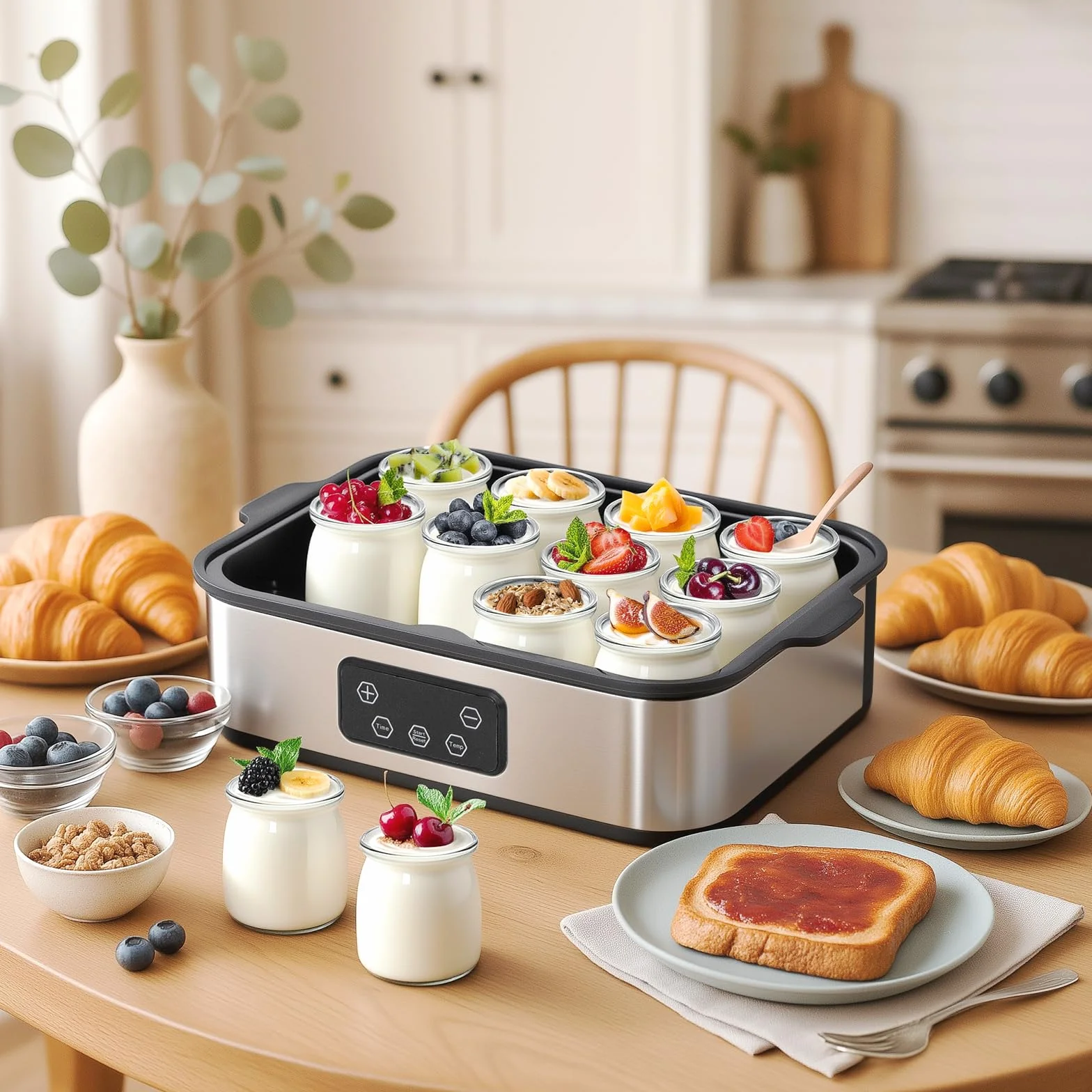 Todeco Yaourtière Électrique avec 12 Pots en Verre de 180ml, Machine à Yaourt Maison en Acier Inoxydable, Écran LCD, Thermostat Réglable et Minuterie, pour Préparer du Yaourt Grecs et Aromatisés