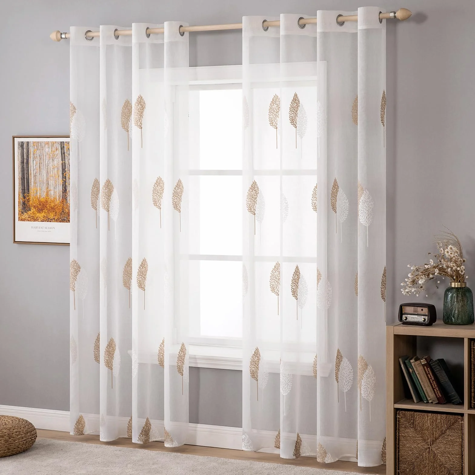 MIULEE Rideaux Voilage avec Beau Motif de Feuilles Brun et Blanc, Intérieurs Rideau Voile Brodé a Oeillets Largeur 140 CM Hauteur 225, Transparent Voilage Fenetre Design Moderne pour Chambre Salon