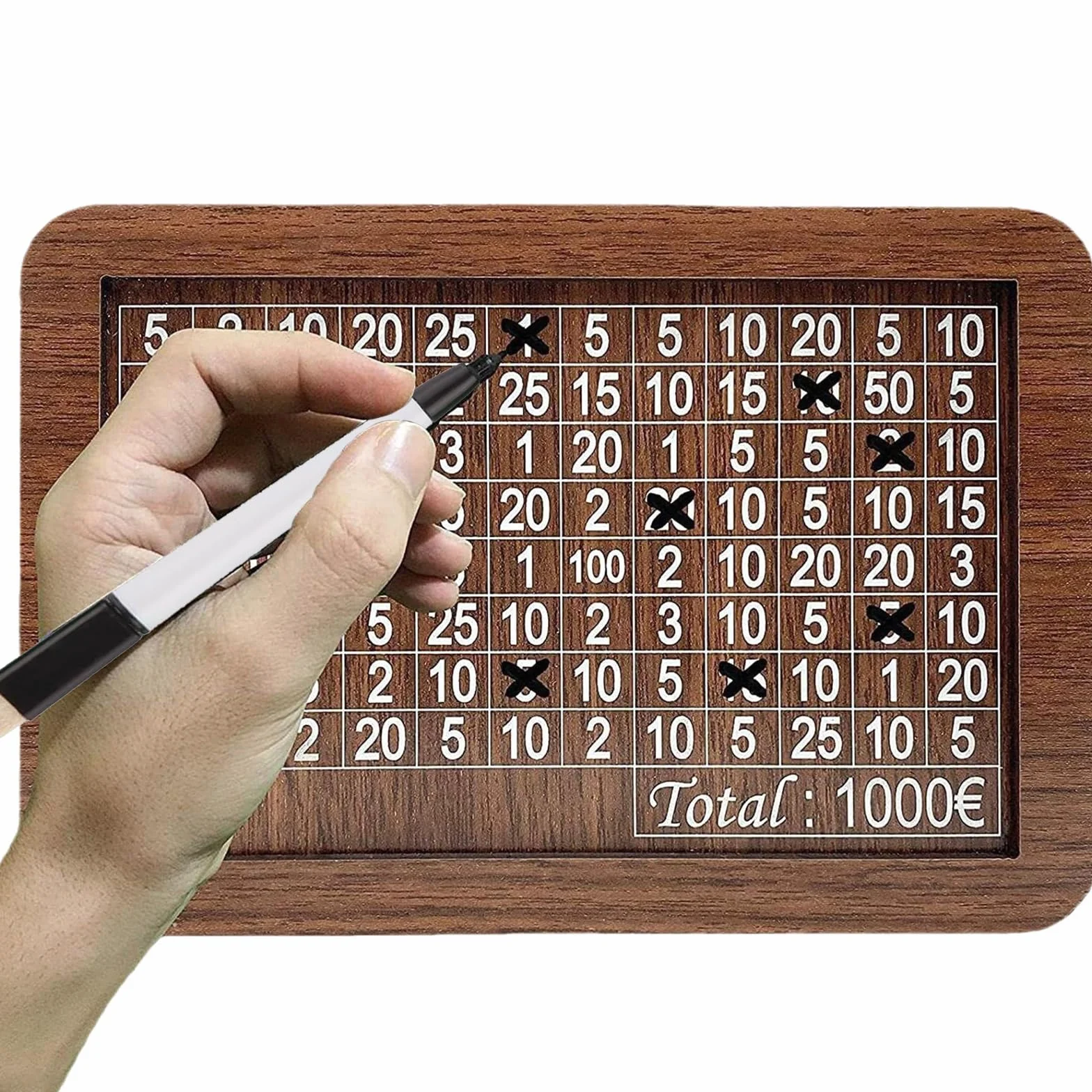 Tirelire en Bois avec Compteur et Marqueur Effaçable, Boîte à Monnaie Réutilisable, Objectif d'Épargne 1000€