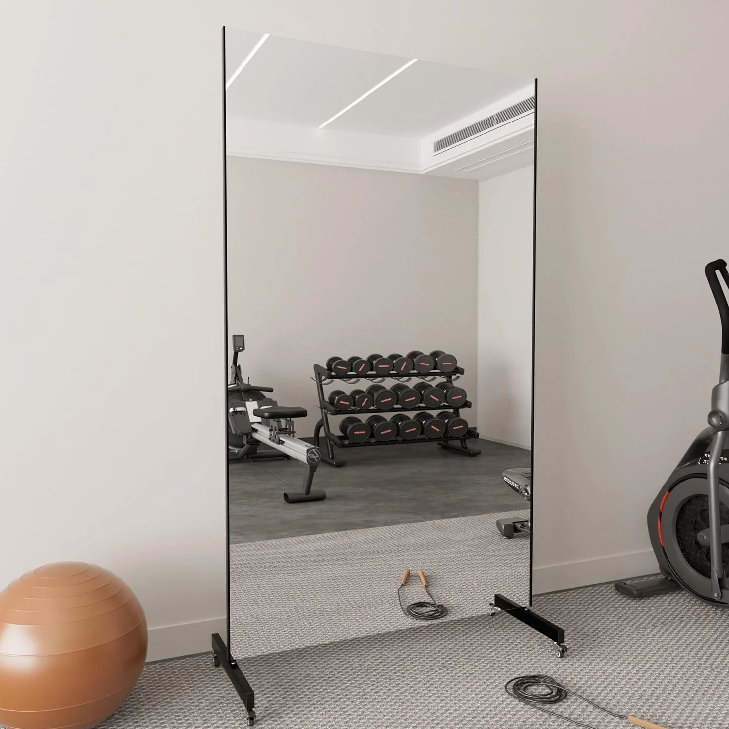 brisafe Miroir Pleine Longueur Incassable 170 x 100 cm, Noir | Sur Pied avec Roulettes, Pivotant à 360°, Pour Gym Danse Yoga, Grand Miroir