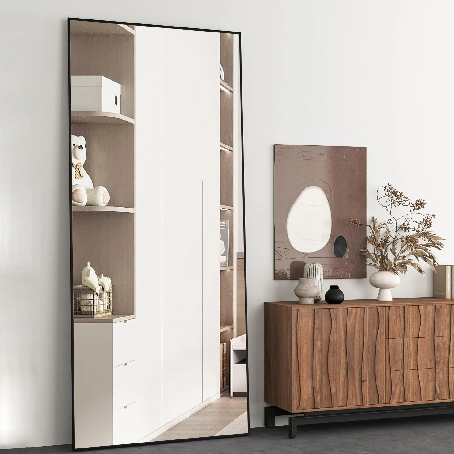 Miroir Pleine Longueur 165 x 60 cm Grand Miroir Rectangulaire Noir pour Chambre à Coucher, Salon, Debout ou Appuyé Contre Le Mur Cadre en Alliage d'aluminium