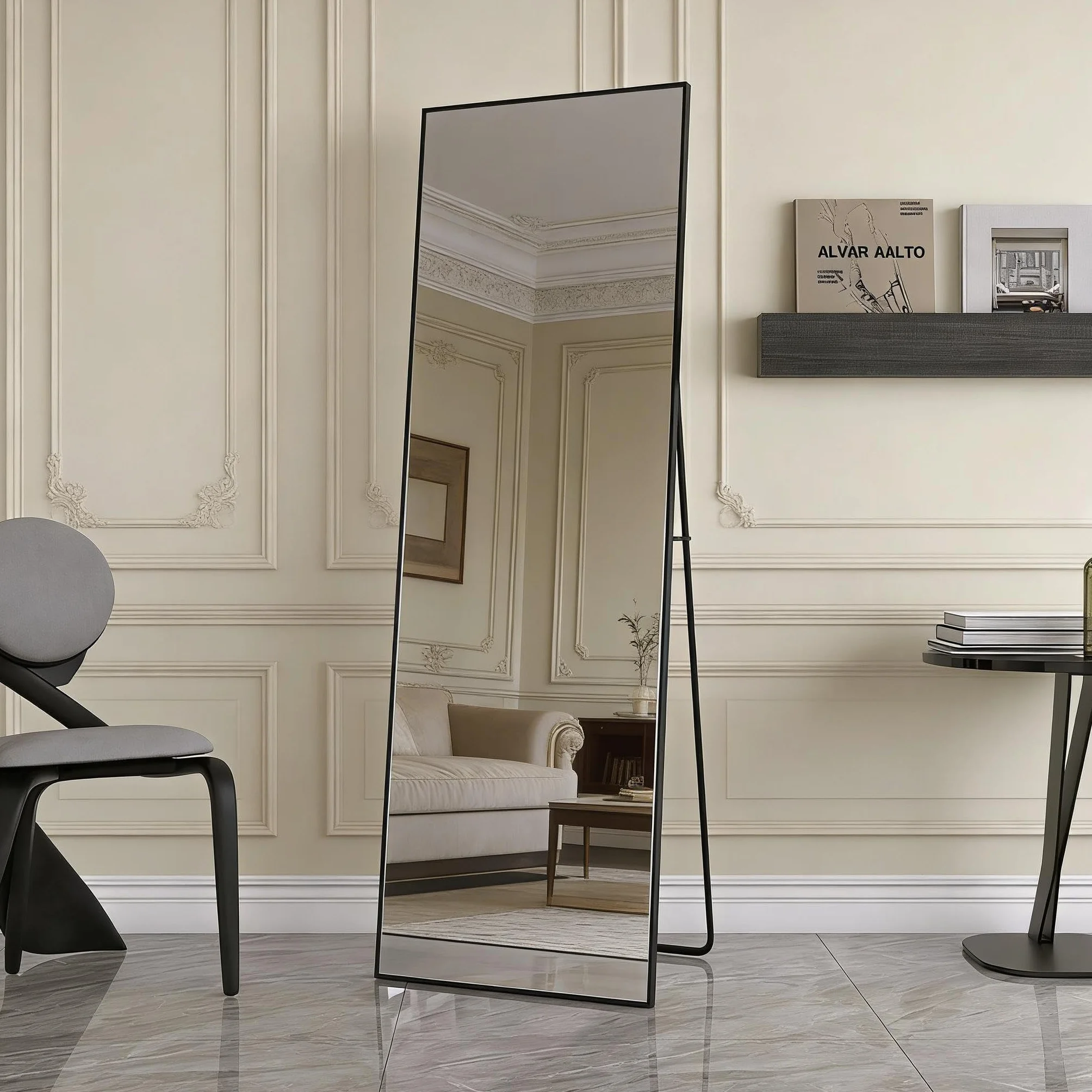 PerGar Grand Miroir Mural Moderne sur Pied, à Poser ou à Suspendre, avec Cadre en Aluminium, pour Salon et Chambre à Coucher, Noir, 165 x 60 cm