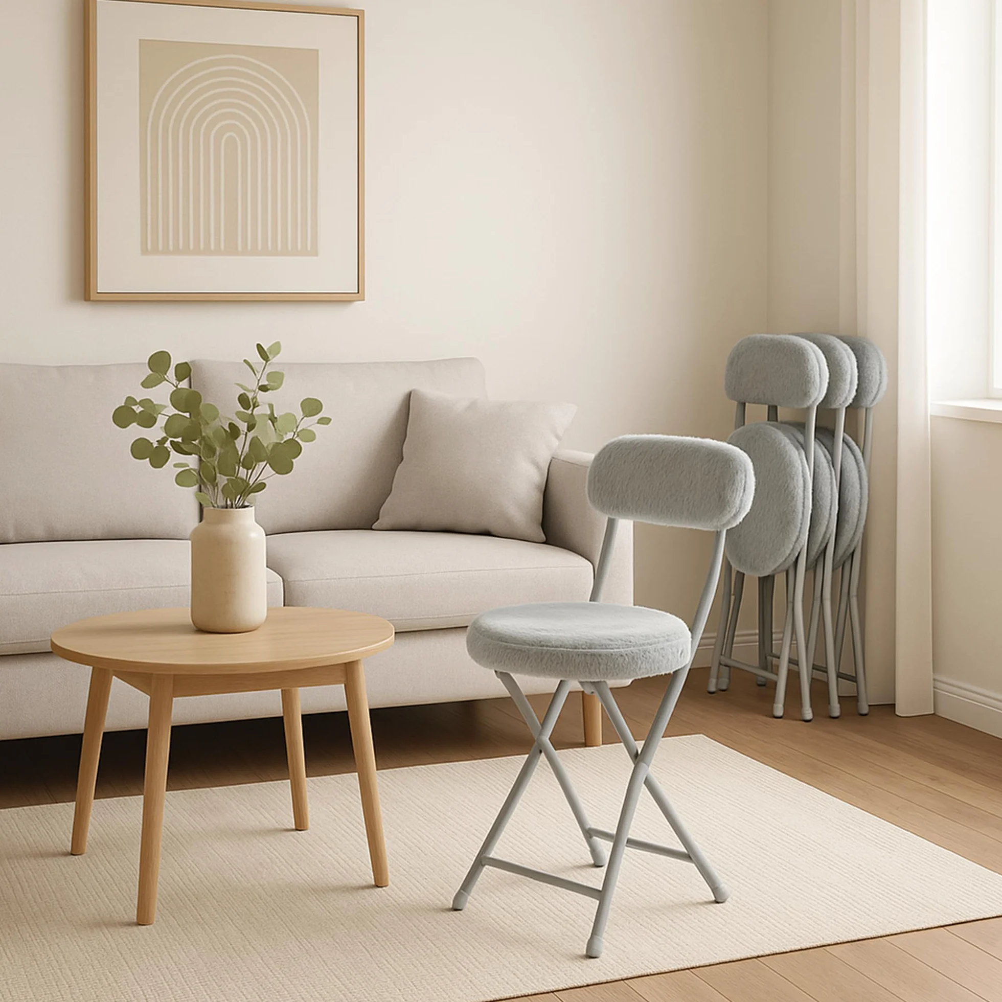 Meuble Cosy Lot de 4 Chaises Pliante Tabourets Pliable Coussin Rond en Fourrure avec Dossier et Repose-Pieds, Siège de 49 cm de Haut, Style Scandinave, Gris