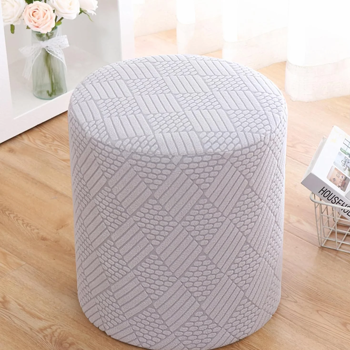 Housse de Pouf Ottomane Rond Extensible Lavable en Machine avec Élastique Light Grey L