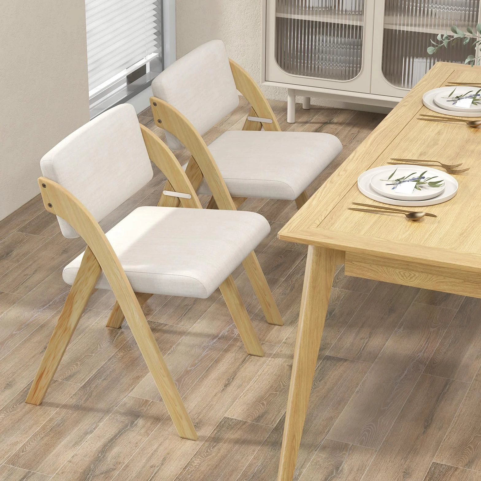 COSTWAY Lot de 2 Chaise Pliante, Chaise de Cuisine Pliable avec Pieds en Bois de Caoutchouc, Siège et Dossier Rembourrés, sans Montage (Naturel Beige)