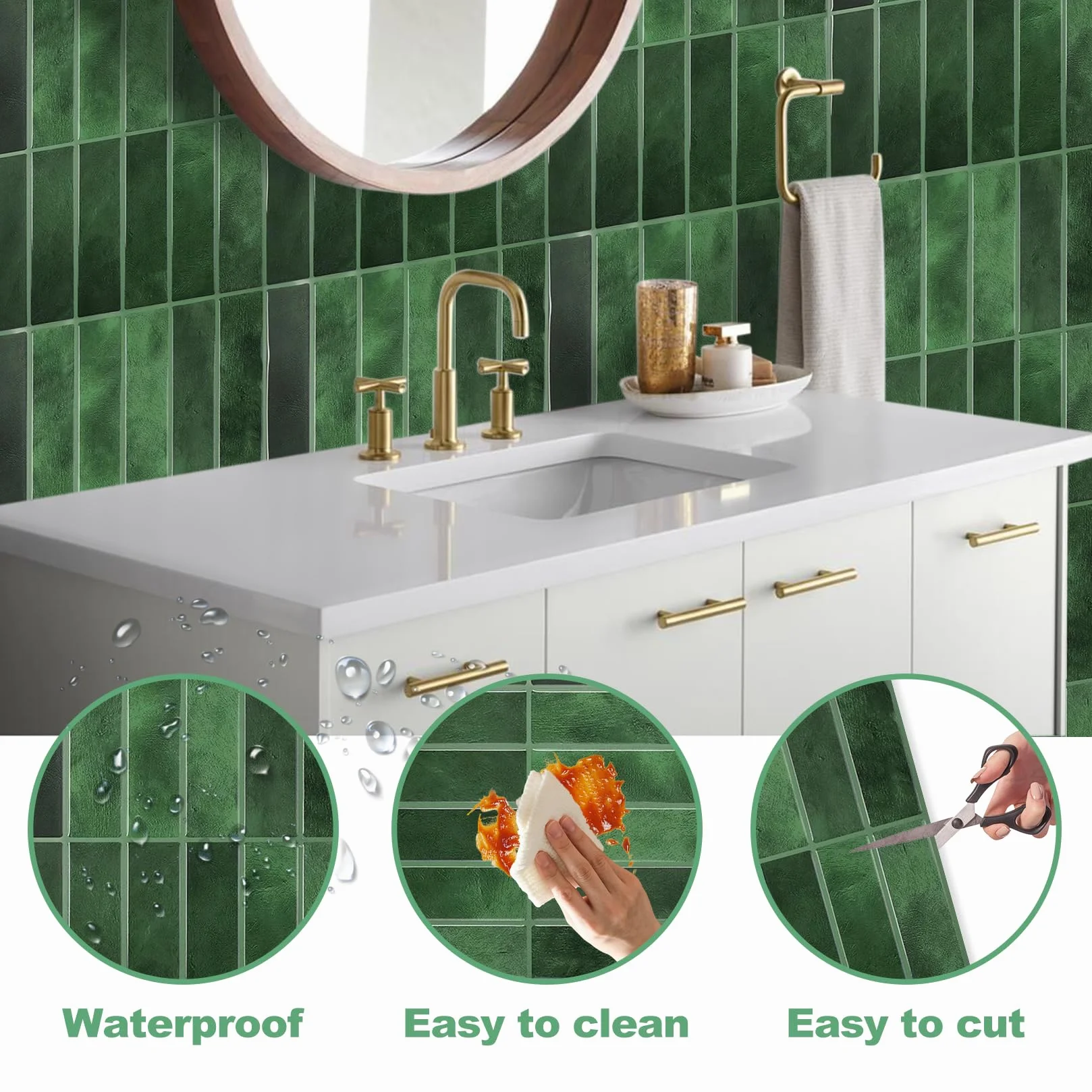 3D Sticker Credence Adhesive Imperméable 22,9 x 29 cm Vert Foncé pour Cuisine Salle Bain Décoration Murale