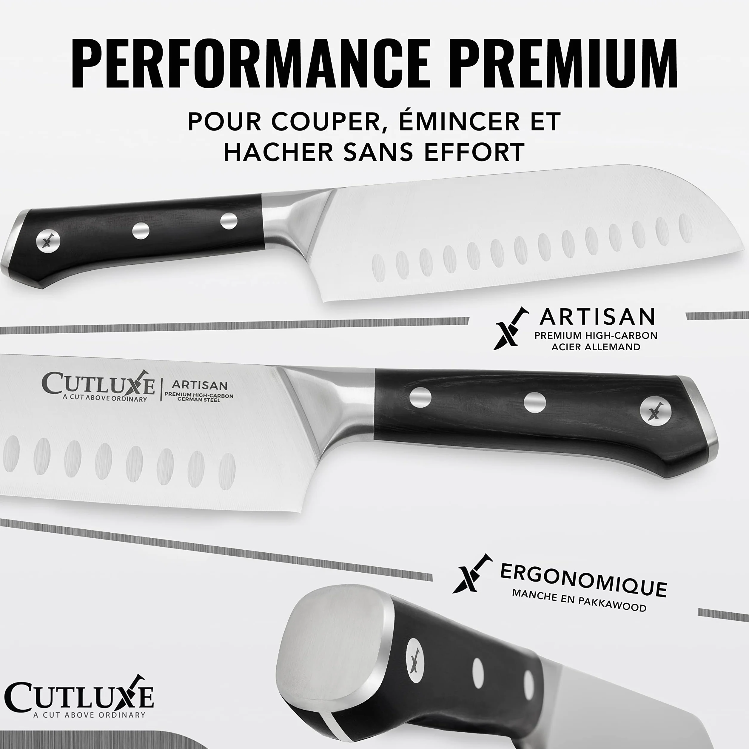 Cutluxe Couteau Japonais - 18 cm Couteau Professionnel Santoku Avec Fourreau - Lame Professionnelle en Acier Allemand à Forte Teneur en Carbone - Couteaux de Découpe pour la Cuisine - Série Artisan