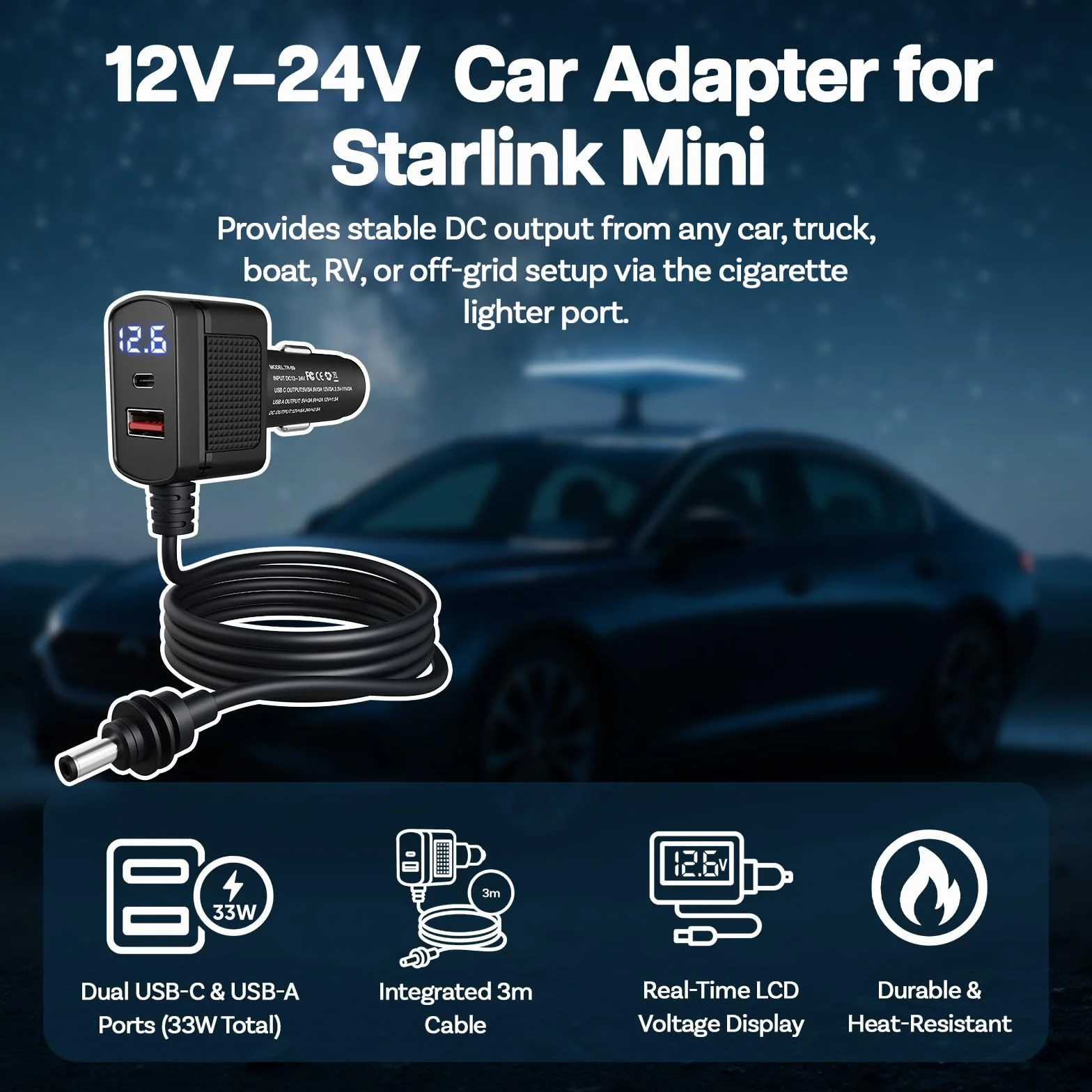 Adapter Samochodowy do Starlink Mini od MMOBIEL – Ładowarka USB do Gniazda Zapałniczki 12V–24V DC – Wytrzymały Kabel 3M (60W), Podwójne Porty USB-C i A (33W), Wyświetlacz Napięcia LCD – Dla Pojazdów