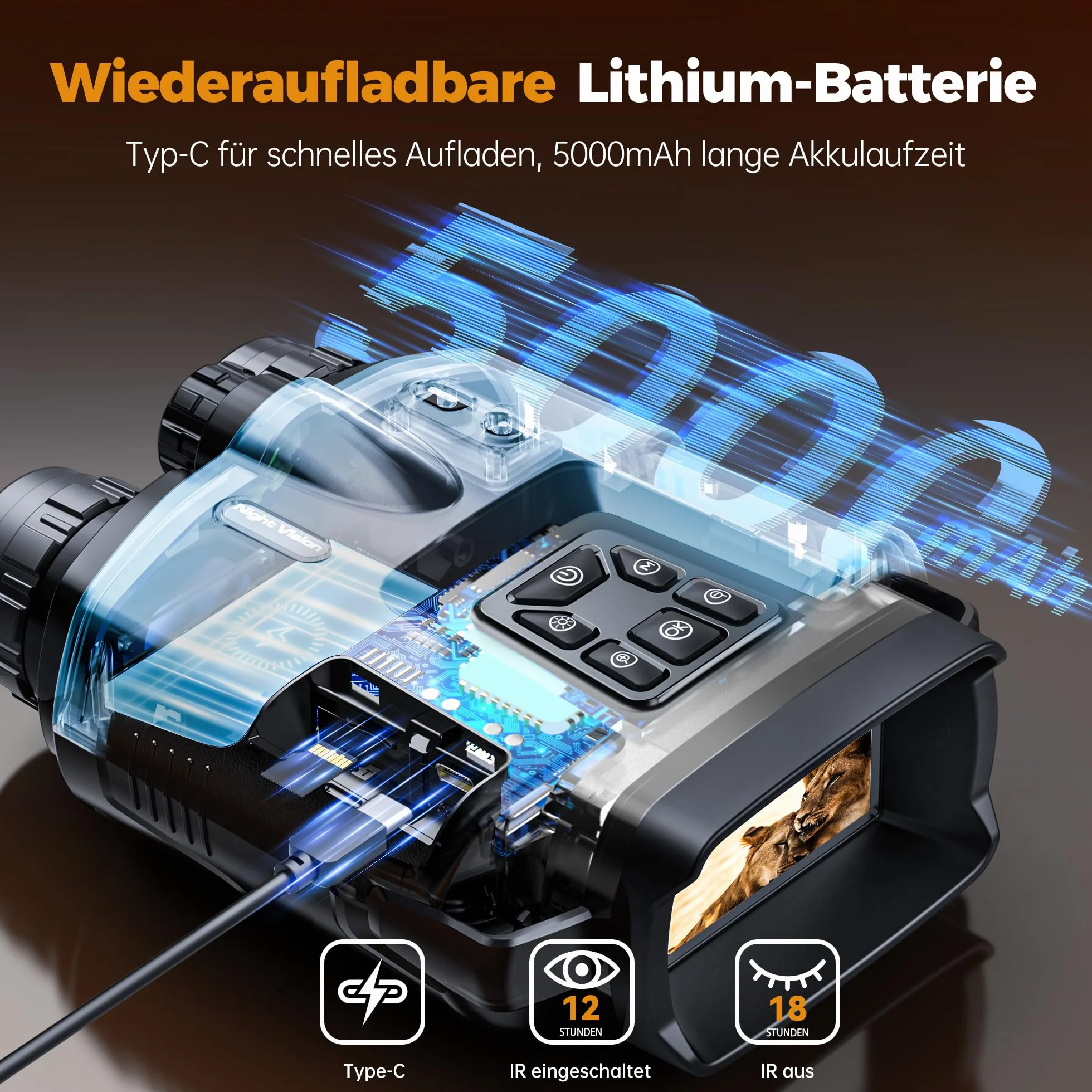 TKWSER noktowizor, 4K 5000 mAh, możliwość ponownego ładowania, 3", 600 m, 8 x, cyfrowy zoom na podczerwień, noktowizor, IP65, noktowizor, na polowanie, kemping, do obserwacji z kartą TF 32 GB