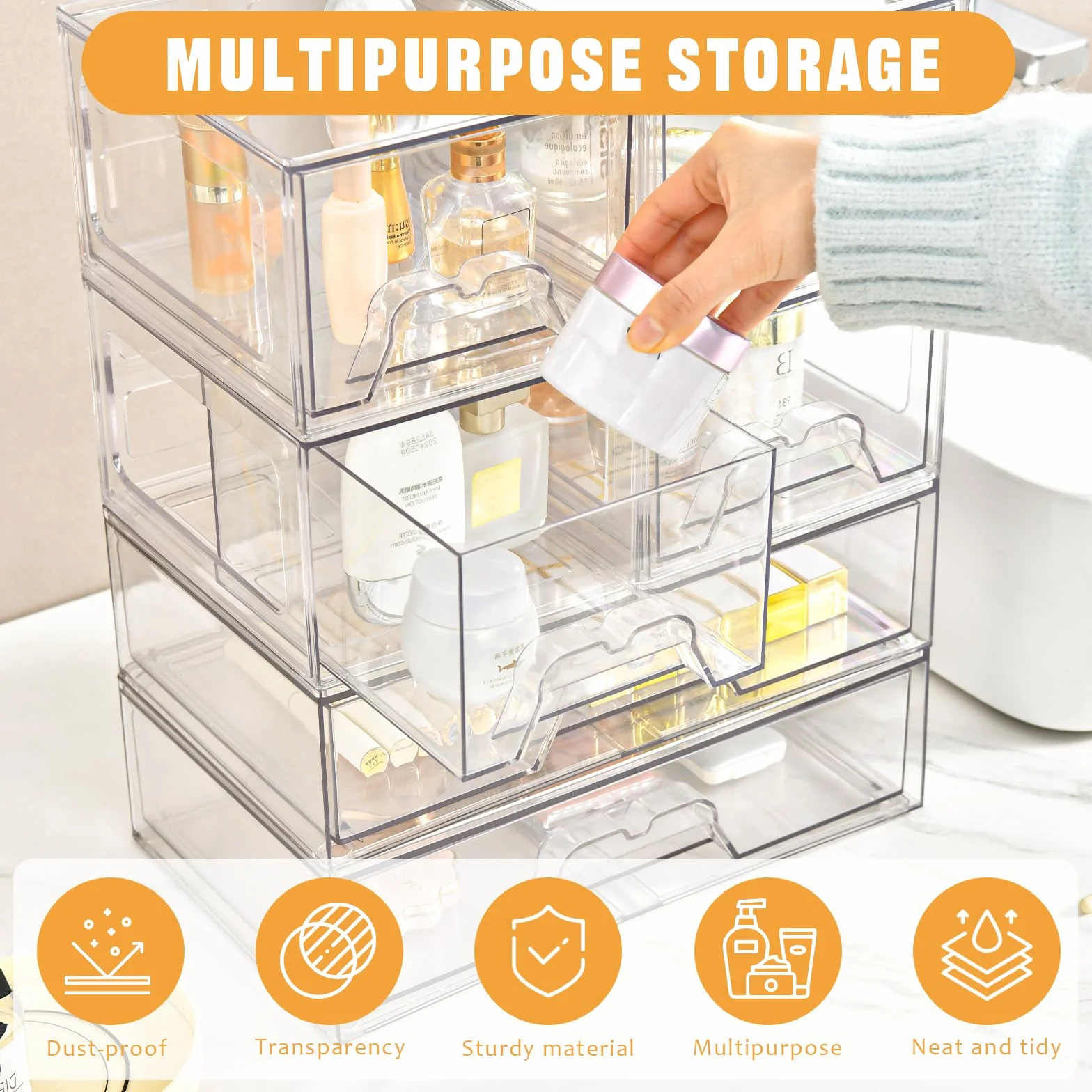 Lot de 4 Empilables Rangement Tiroir Organisateur Tiroir Salle de Bain en Acrylique Transparent Rangement Coiffeuse Organisateur,Idéal Pour La Organisateur Maquillage