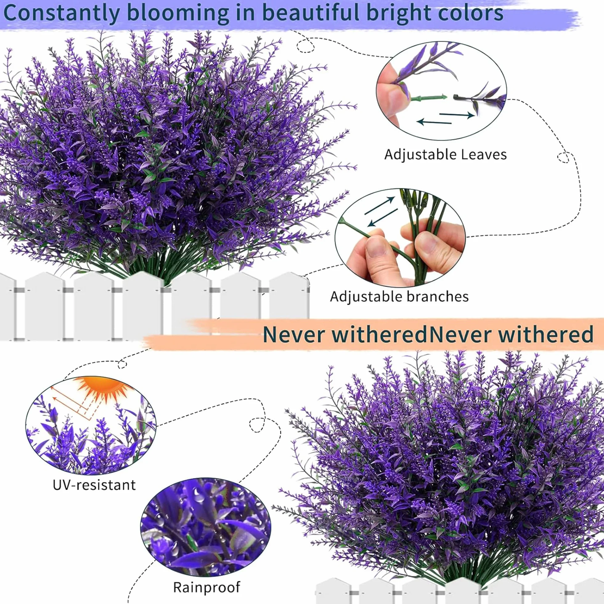 Lavande Fleurs Artificielles Résistantes à UV, Fausses Fleurs en Plastique pour Décoration Extérieur Jardin Violet 16 Pièces