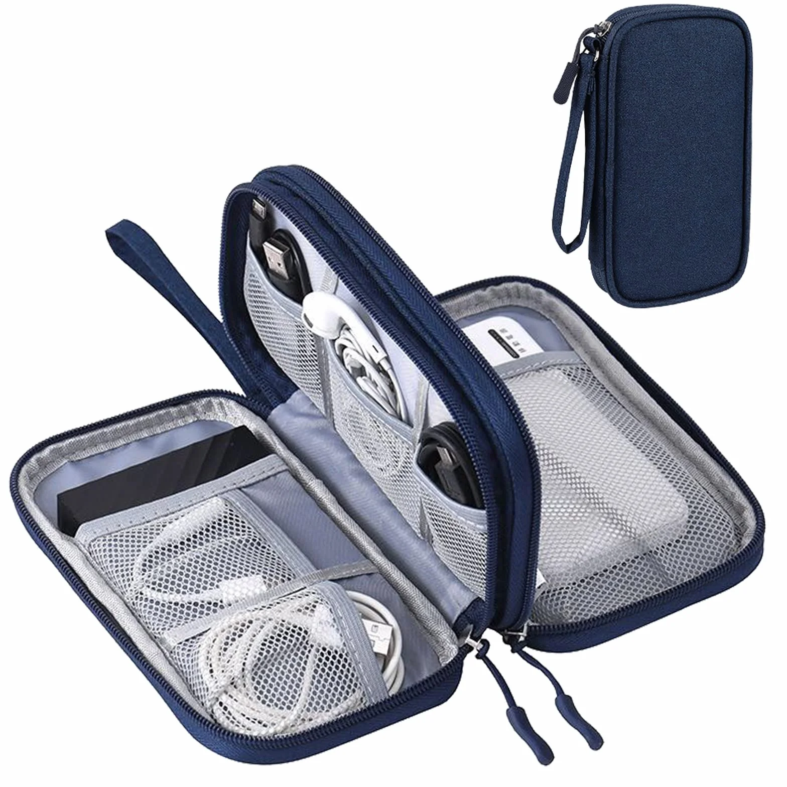 Torba na kabel, torba elektroniczna, wodoszczelna torba organizer na kable, uniwersalna, podwójna warstwa, podróżna, akcesoria elektroniczne, torba na telefon komórkowy, kabel do ładowania USB, zestaw słuchawkowy Powerbank (granatowy)