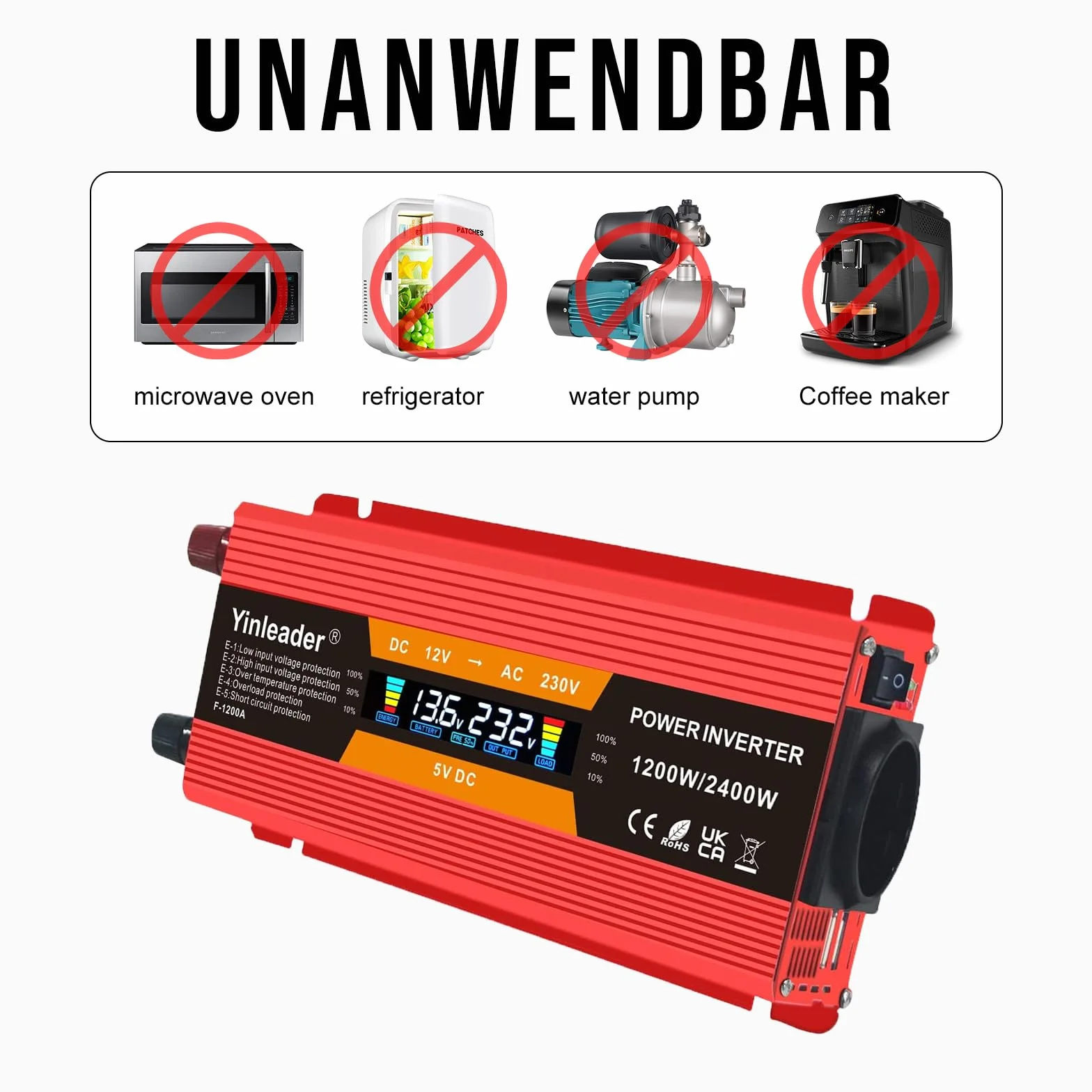 Yinleader Przetwornica napięcia 1200 W/2400 W 12 V 230 V falownik Dual USB Power Inverter z 1 gniazdem i wyświetlaczem LCD, do samochodu, czerwony