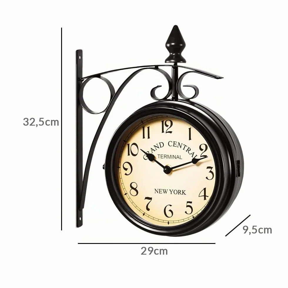 Monzana Horloge Murale Double Face Silencieuse Vintage New-Yorkaise Grand Central Métallique Noir