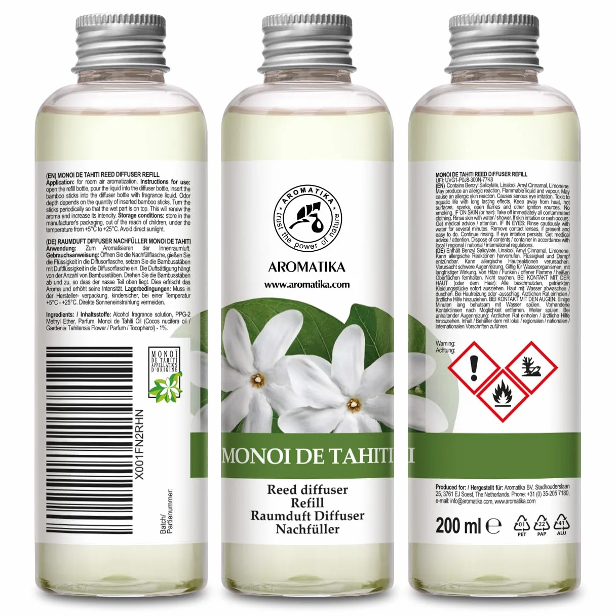 Recharge Diffuseurs de Parfum 3x200ml Monoï de Tahiti Vanille Jasmin - Parfum d'Ambance Frais Longue Durée