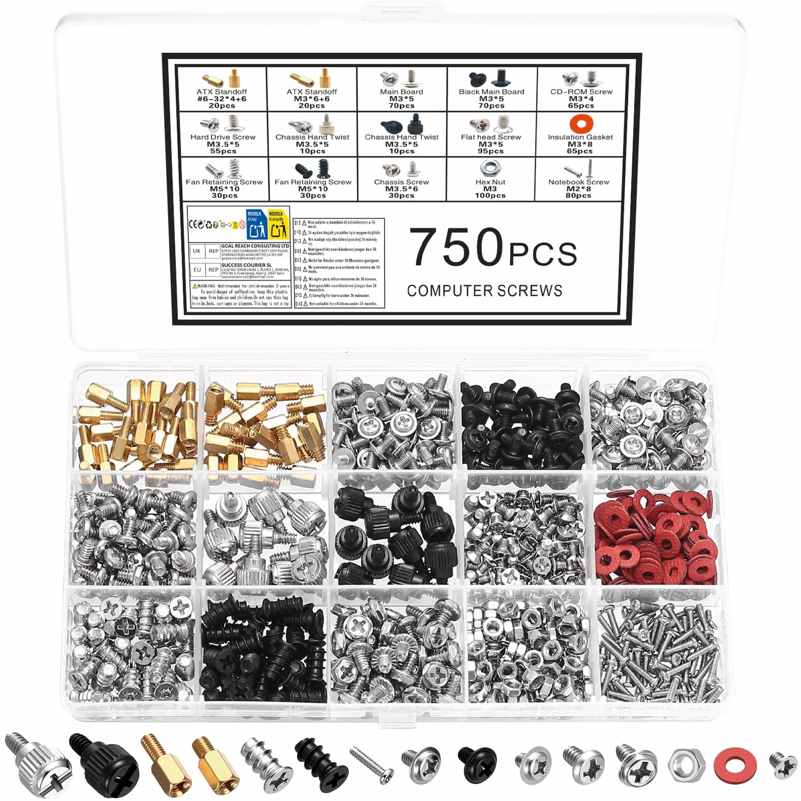 750 sztuk śrub PC, zestaw śrub do płyty głównej, SSD #6-32 M2 M3 M5 PC śruby wentylatora, podkładki dystansowe do płyty głównej, obudowy, dyski twarde, laptopy i komponenty komputerowe
