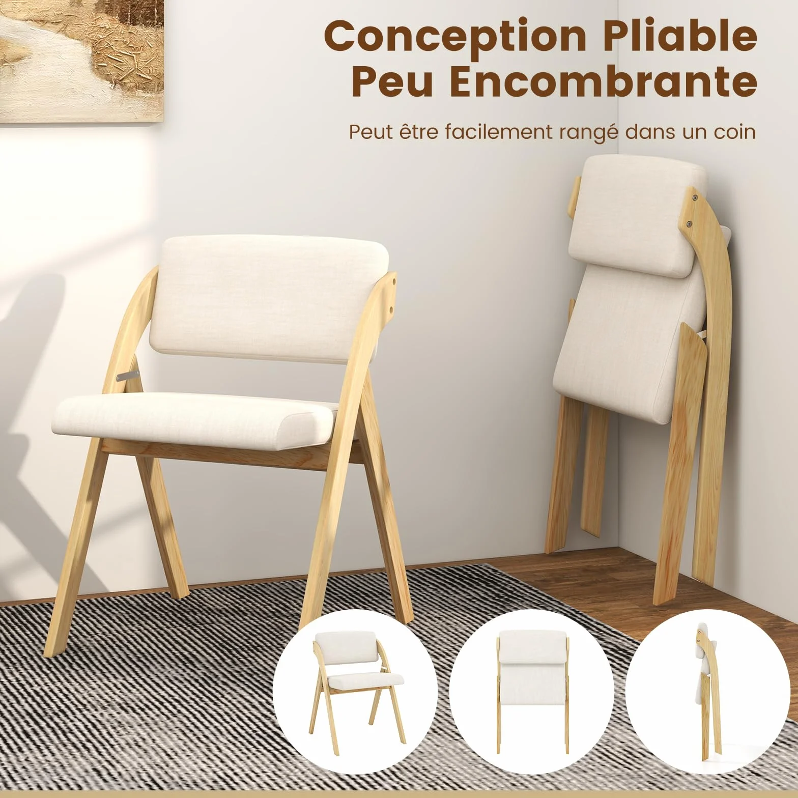 RELAX4LIFE Lot de 2 Chaise Pliante Bois, Chaise Salle a Manger avec Siège Rembourré, Housse en Lin, Chaise Pliable Interieur, Peu Encombrante, pour Cuisine, Salle à Manger, Bureau (1, Naturel+Beige)