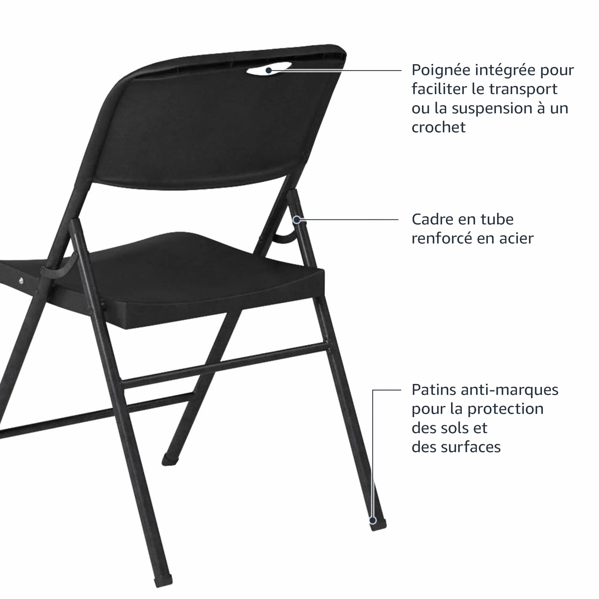 Amazon Basics Lot de 4 chaises pliantes en plastique et métal pour camping, cuisine, intérieur et extérieur, noir, jusqu'à 158 kg