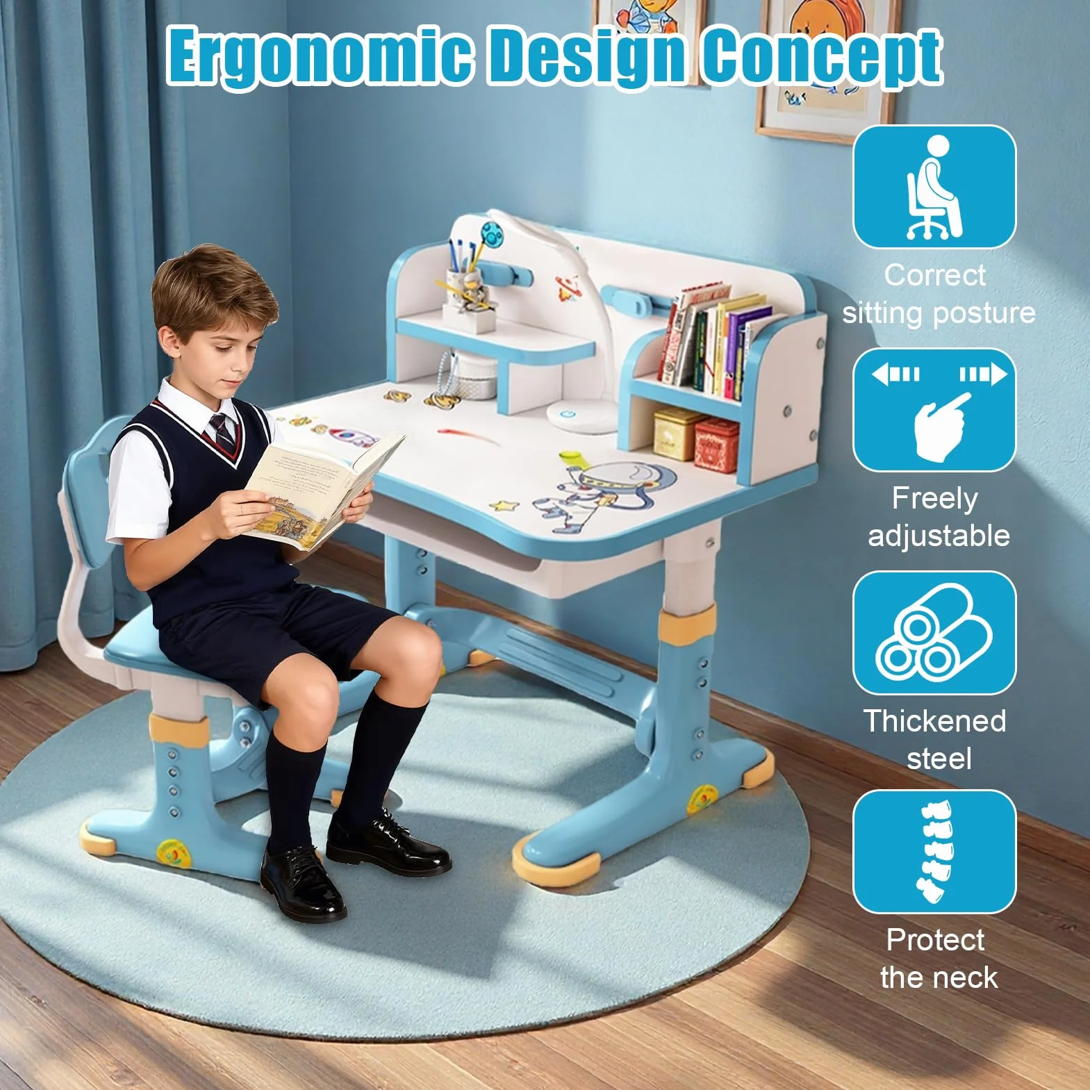 Bureau avec chaise pour enfants de 3 à 12 ans, réglable en hauteur, bureau fonctionnel et ensemble chaise – Panneau dense, distance dorée, séparation scientifique, école pour enfants