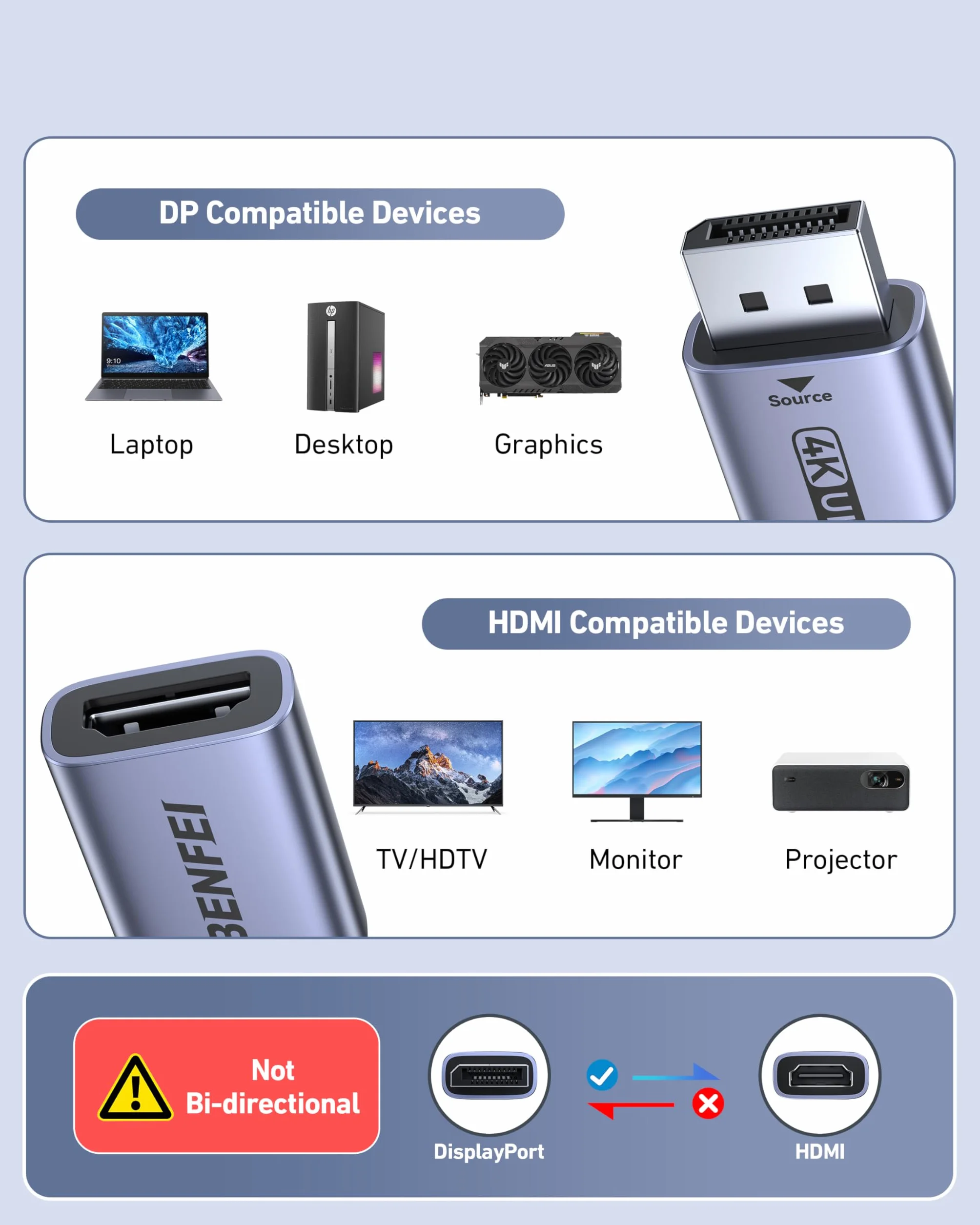 BENFEI Adapter DisplayPort na HDMI 4K 2-pak, jednokierunkowy konwerter ekranu DP 1.2 na HDMI 1.4, kompatybilny z laptopem, komputerem stacjonarnym, monitorem, HDTV, AMD/NVIDIA Graphics