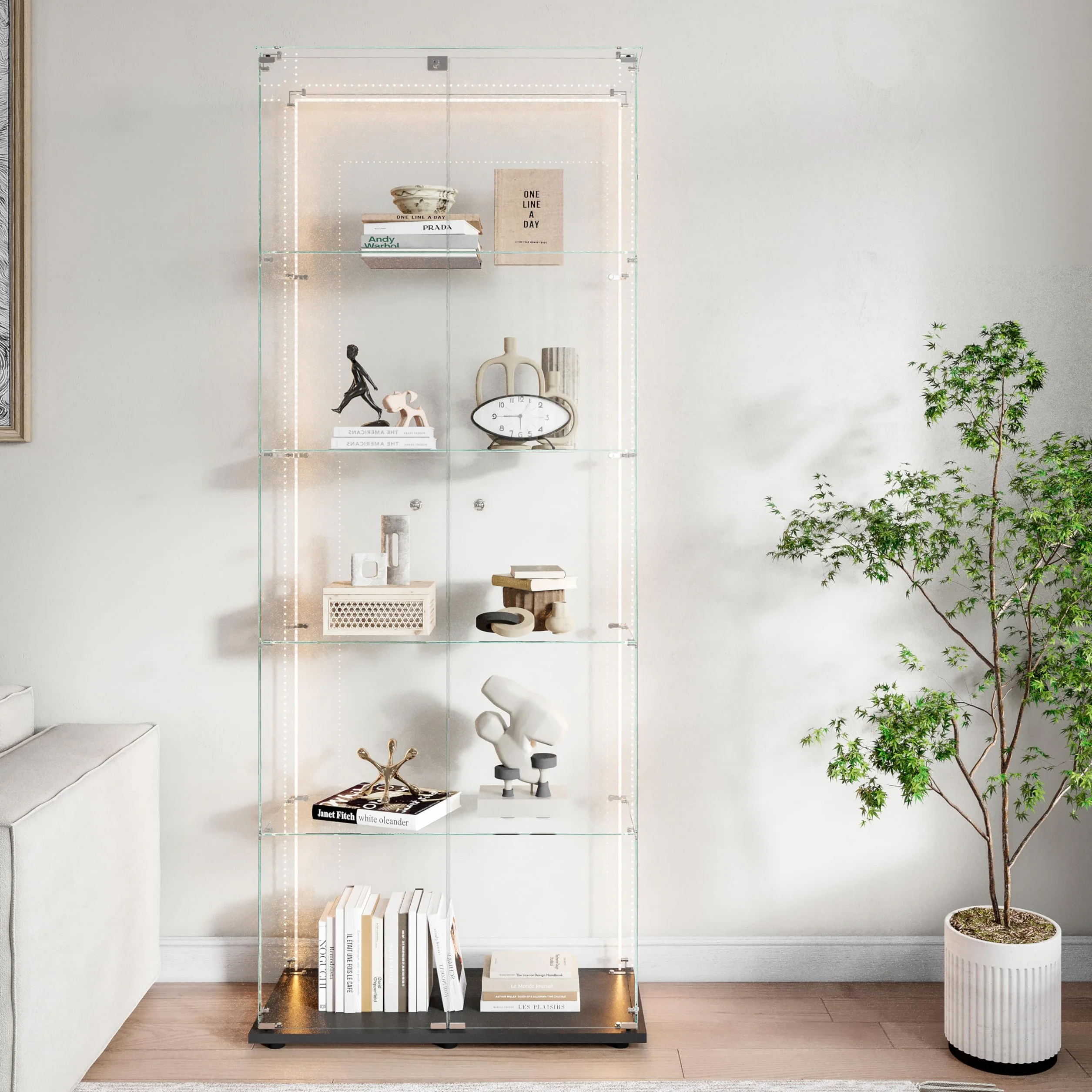 Vitrine,vitrine en Verre de 187x79x35cm,5 Couches avec LED 2 Porte et Serrure,Armoire de Collection Moderne en Verres,Armoire de Rangement en verre Debout pour Salon,Chambre à Coucher, Bureau