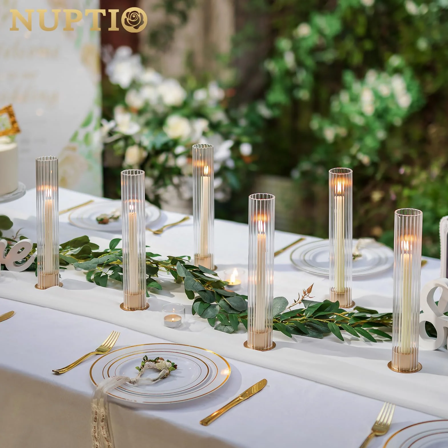 NUPTIO Bougeoir Hurricane pour centre de table : lot de 10 bougeoirs coniques en métal avec cylindres en verre cannelé – Bougeoirs dorés en vrac pour décoration de table de fête en plein air, dîner