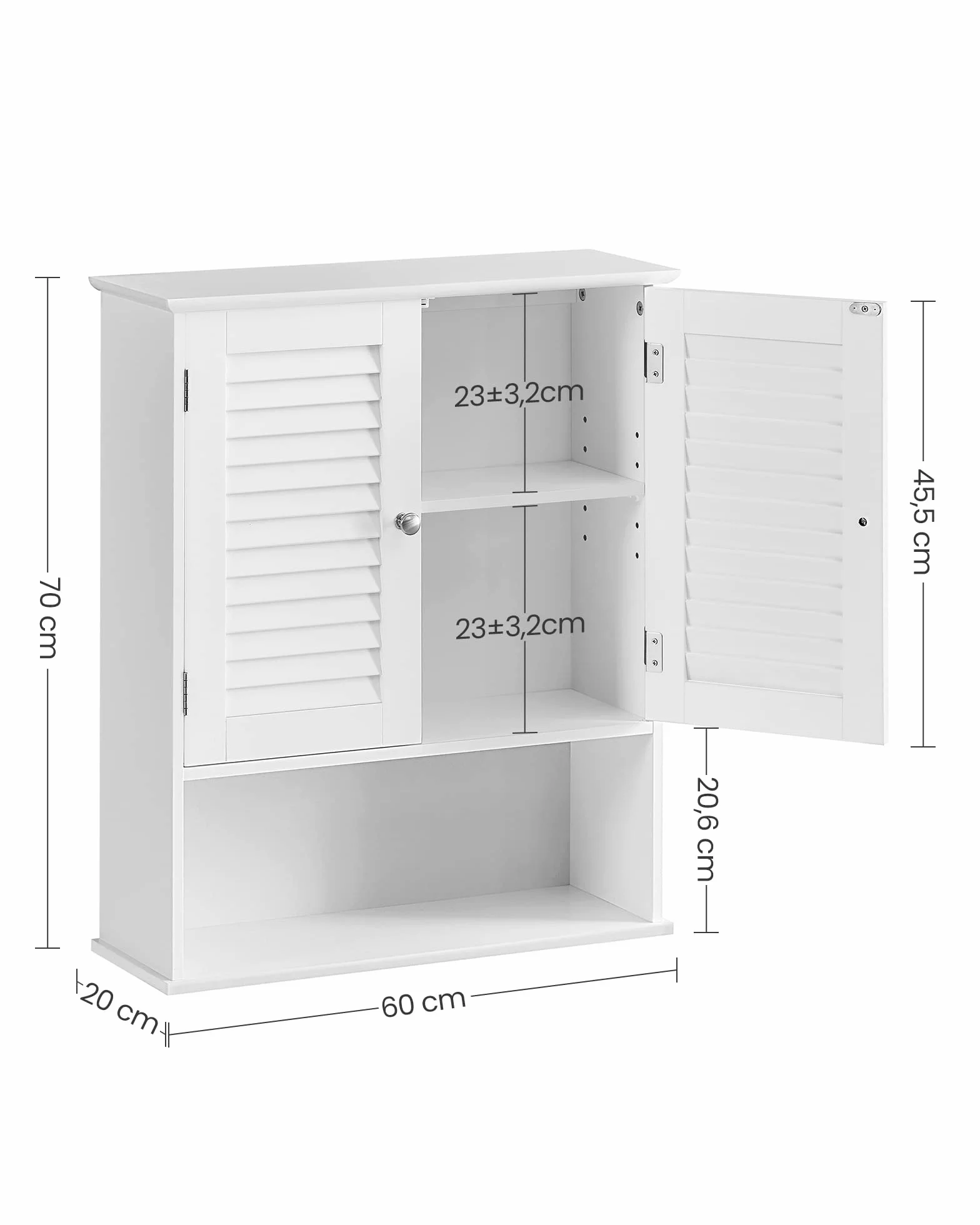 VASAGLE Meuble Mural, Meuble de Rangement Suspendu pour Salle de Bains, Armoire à Pharmacie avec Étagère Réglable, Double Porte et Étagère Ouverte, 20 x 60 x 70 cm, Blanc BBC27WT
