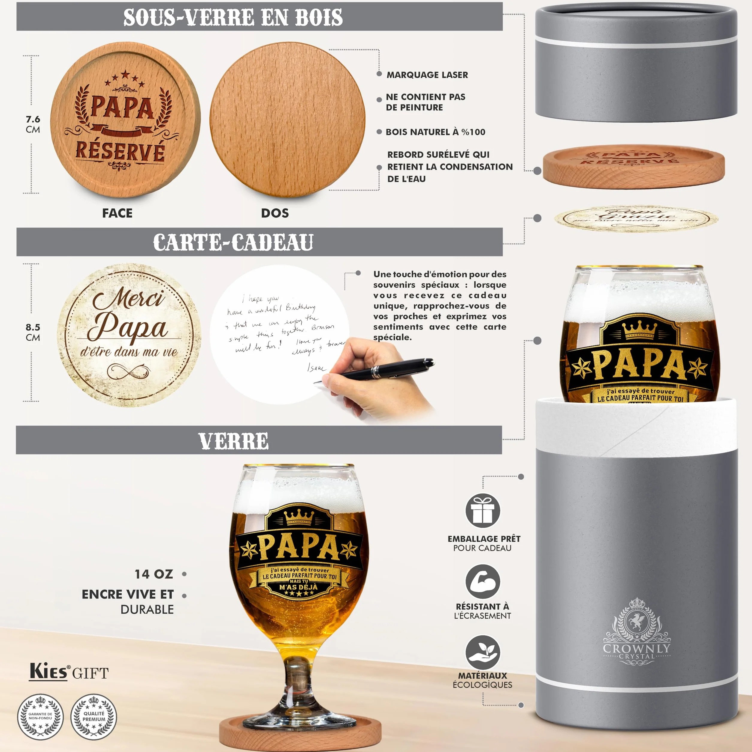 CROWNLY CRYSTAL Verre à Bière Personnalisé Cadeau Original Anniversaire Fête des Pères