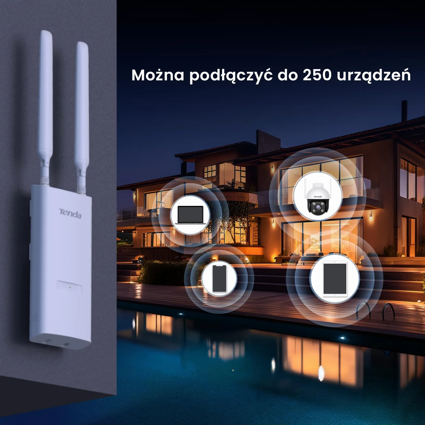 Tenda OAP1200 zewnętrzny punkt dostępowy, Gigabit Dualband WLAN Access Point (AC1200, 802.3af/at PoE i 24 V/0,5 A pasywny PoE, wodoszczelność IP65, 1 port Gigabit), biały
