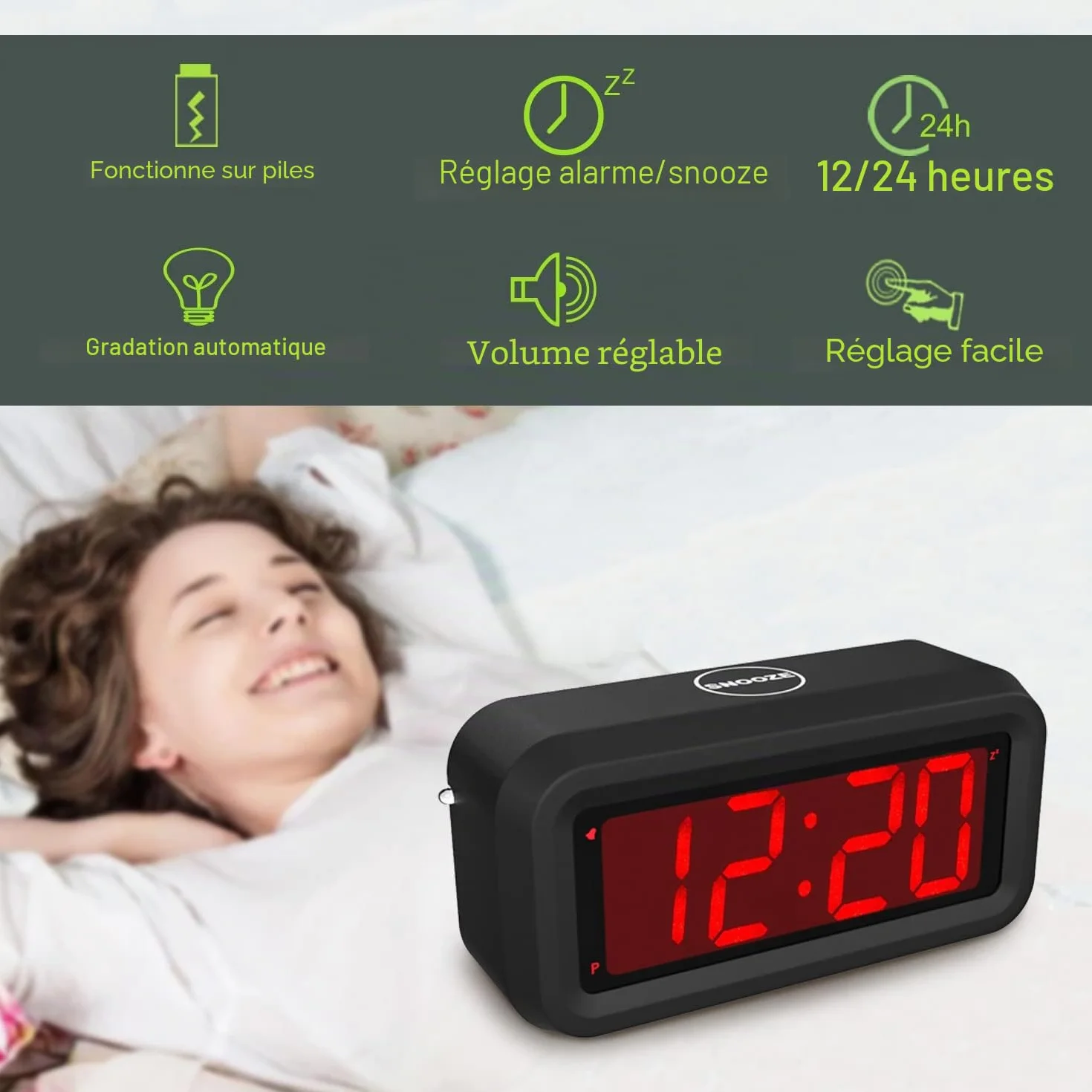 EUTUKEY Réveil Numérique LED 12/24H 2 Niveaux Luminosité 3 Niveaux Volume Snooze