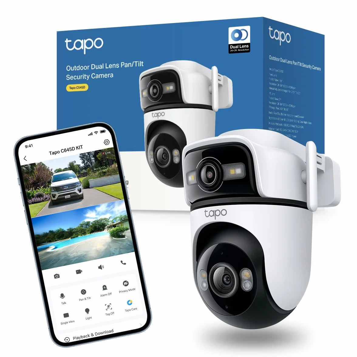 Tapo C545D Wi‑Fi 2K Dual Lens Pan/Tilt zewnętrzna kamera bezpieczeństwa z inteligentnym śledzeniem, kolorowy noktowizor, wykrywanie sztucznej inteligencji ludzi/zwierząt/pojazdów oraz dwukierunkowy