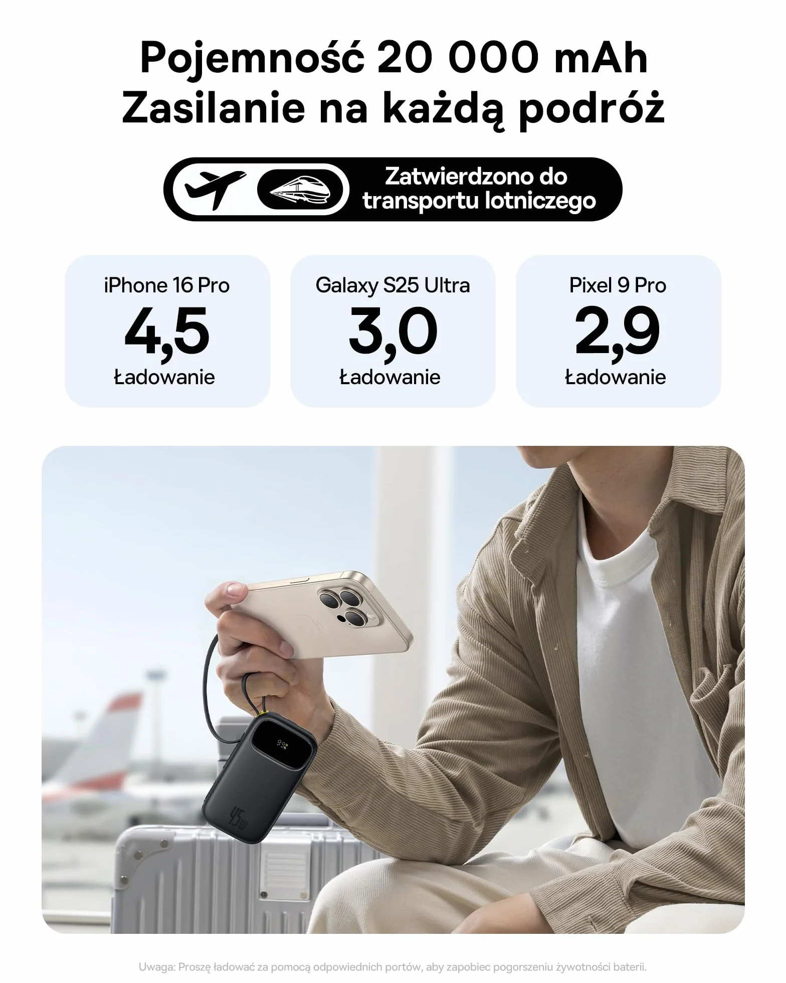 Baseus QPow3 Powerbank 45 W, 20 000 mAh, z 2 wbudowanymi kablami USB-C, Power Bank PD3.0 QC4.0, 3 USB C i 1 USB A, zewnętrzne akumulatory do telefonów komórkowych iPhone 16/15 Pro Max, iPad, Galaxy